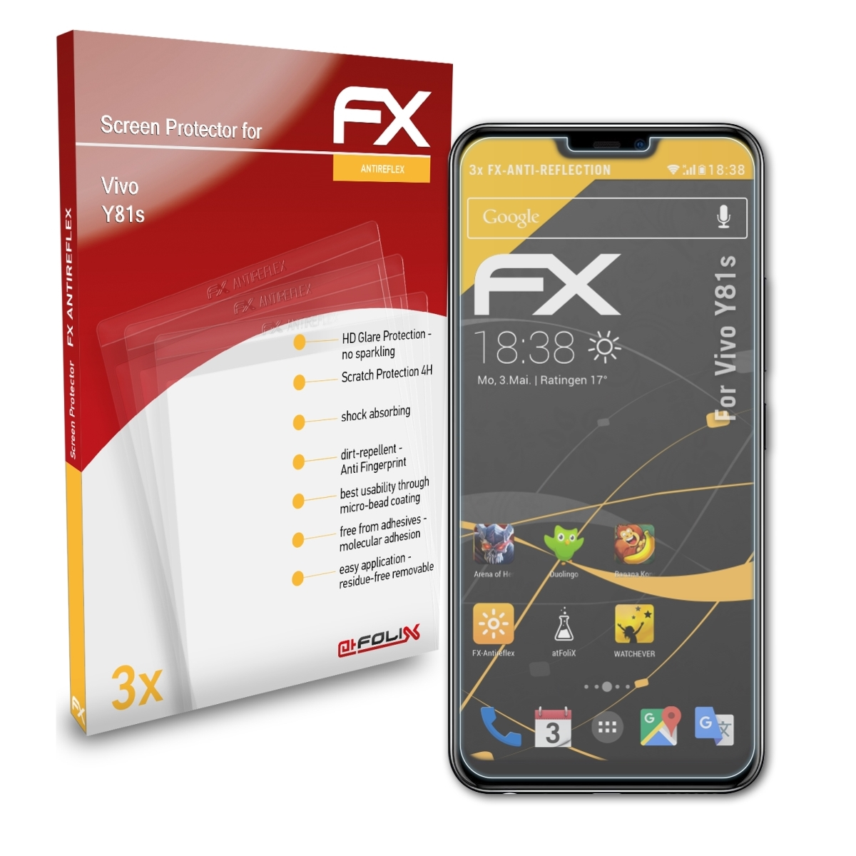 3x Displayschutz(für ATFOLIX FX-Antireflex Y81s) Vivo