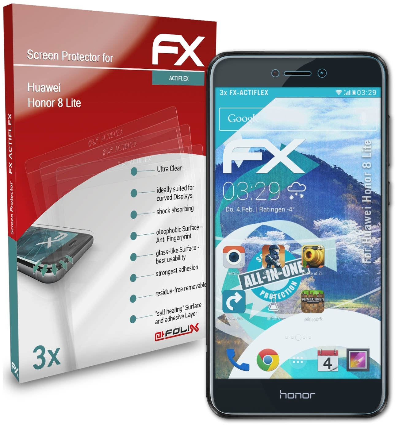 ATFOLIX 3x Displayschutz(für Honor 8 FX-ActiFleX Lite) Huawei