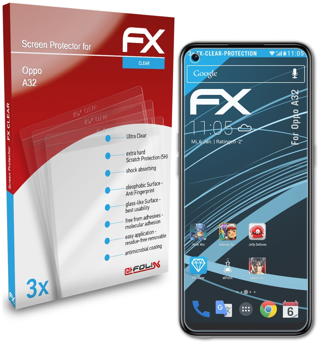 ATFOLIX 3x FX-Clear Displayschutz(für Oppo A32)