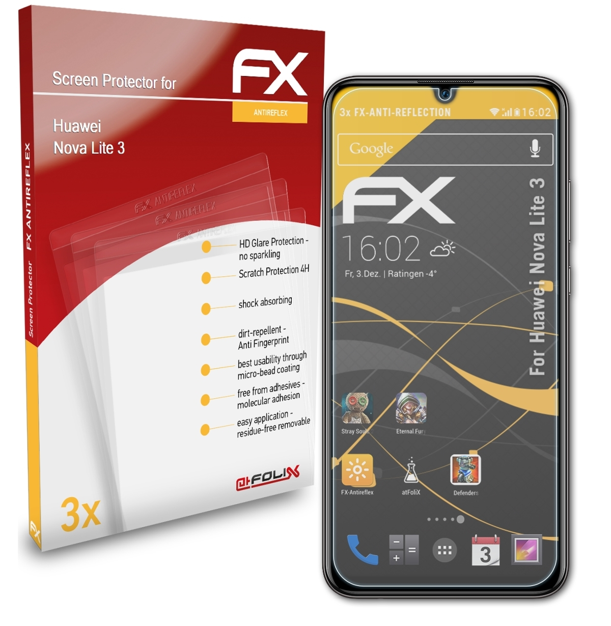 ATFOLIX 3x 3) Huawei Displayschutz(für FX-Antireflex Lite Nova