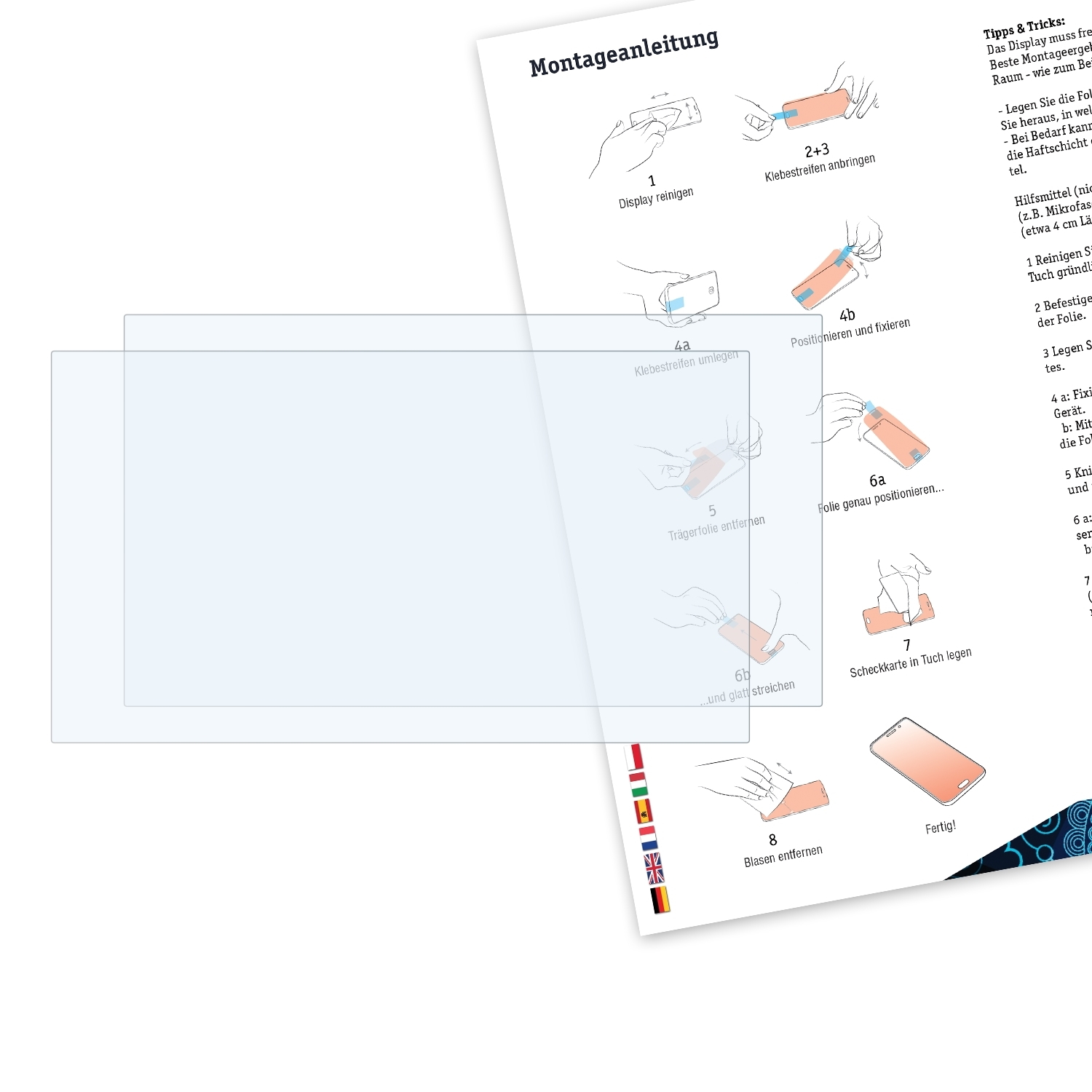 Ein Displayschutz und eine Installationsanleitung sind abgebildet. Der Schutz ist hellblau und transparent.