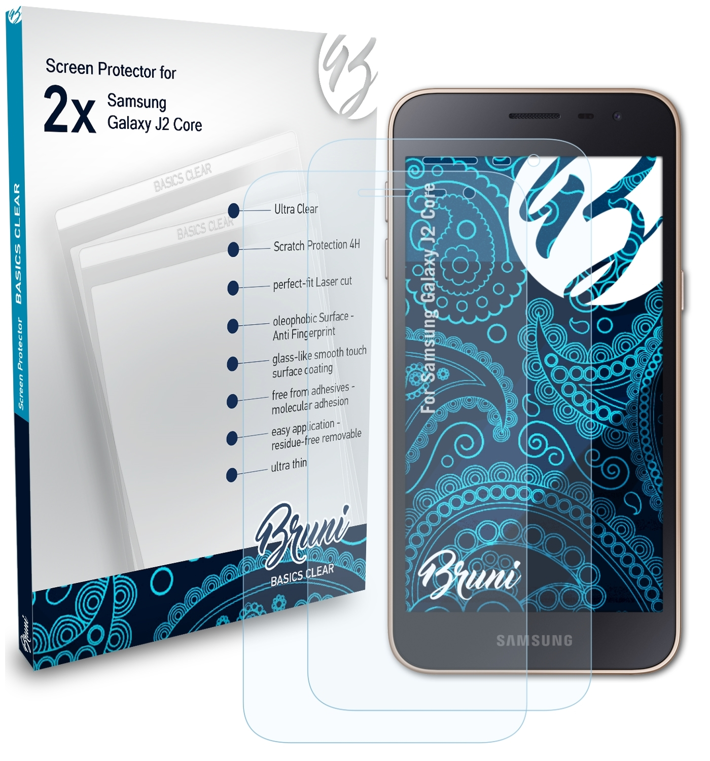 BRUNI 2x Basics-Clear Schutzfolie(für Core) Galaxy J2 Samsung