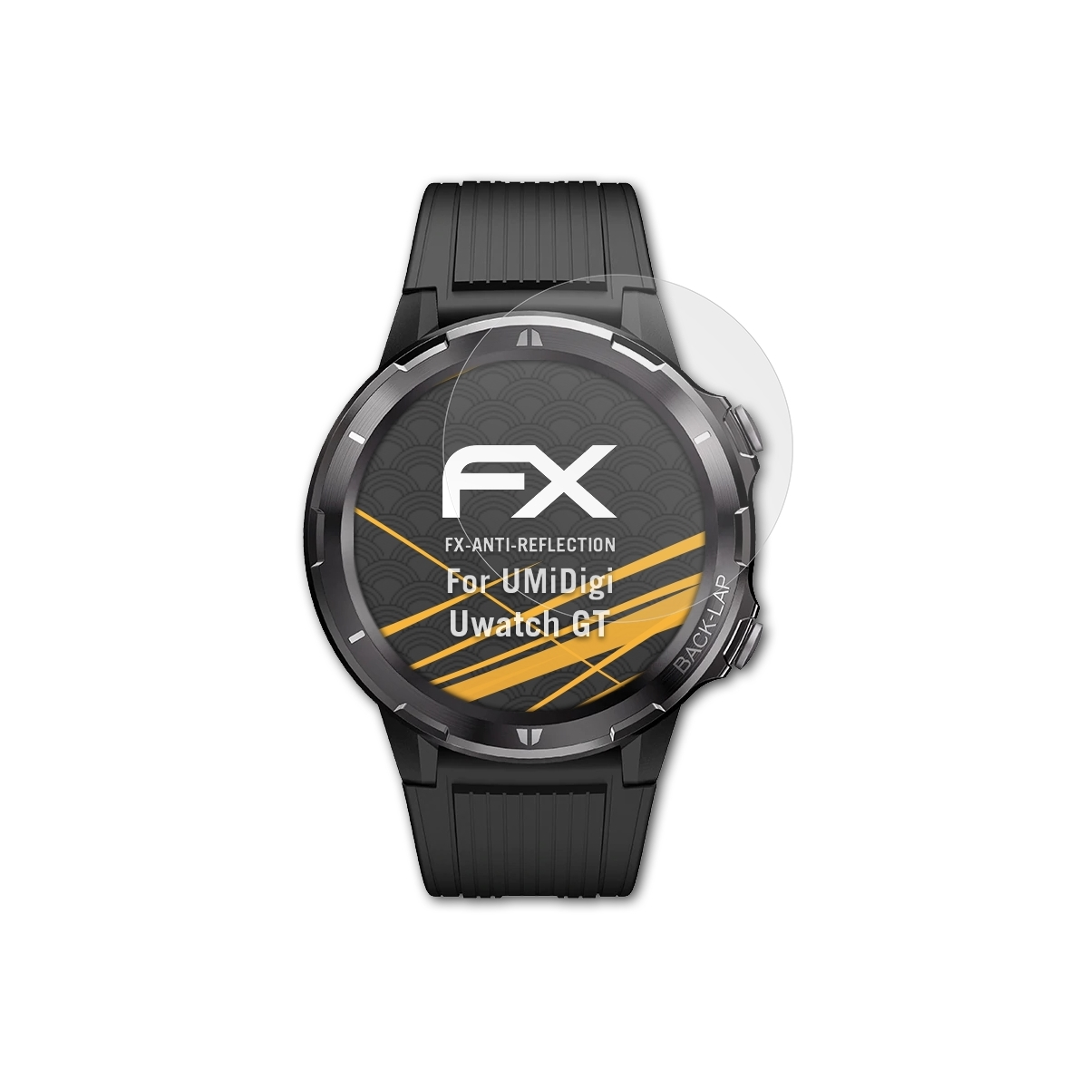 Schwarze Smartwatch mit Displayschutz, angewinkelt. Der Bildschirm zeigt eine Grafik mit dem FX-Logo.