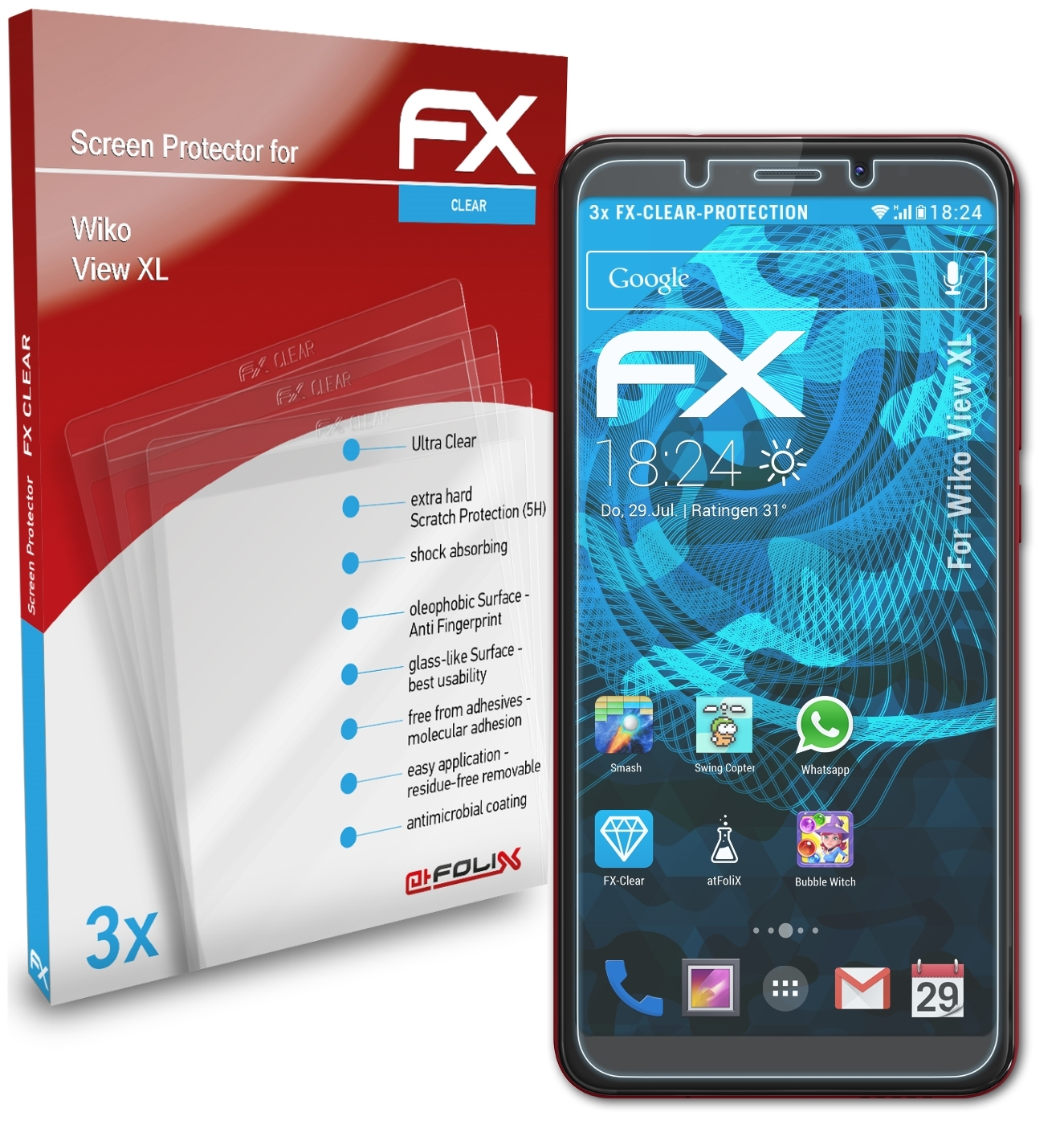 ATFOLIX 3x FX-Clear XL) Displayschutz(für View Wiko