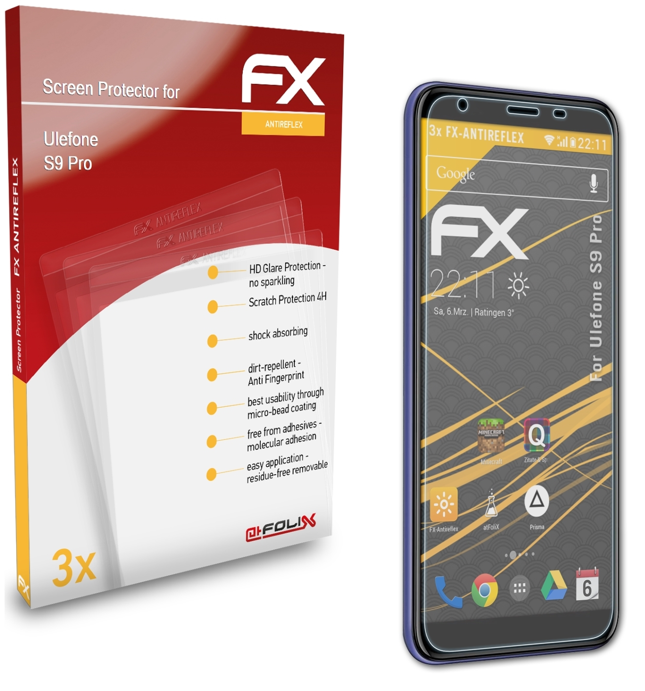 Displayschutz(für ATFOLIX Ulefone Pro) 3x S9 FX-Antireflex