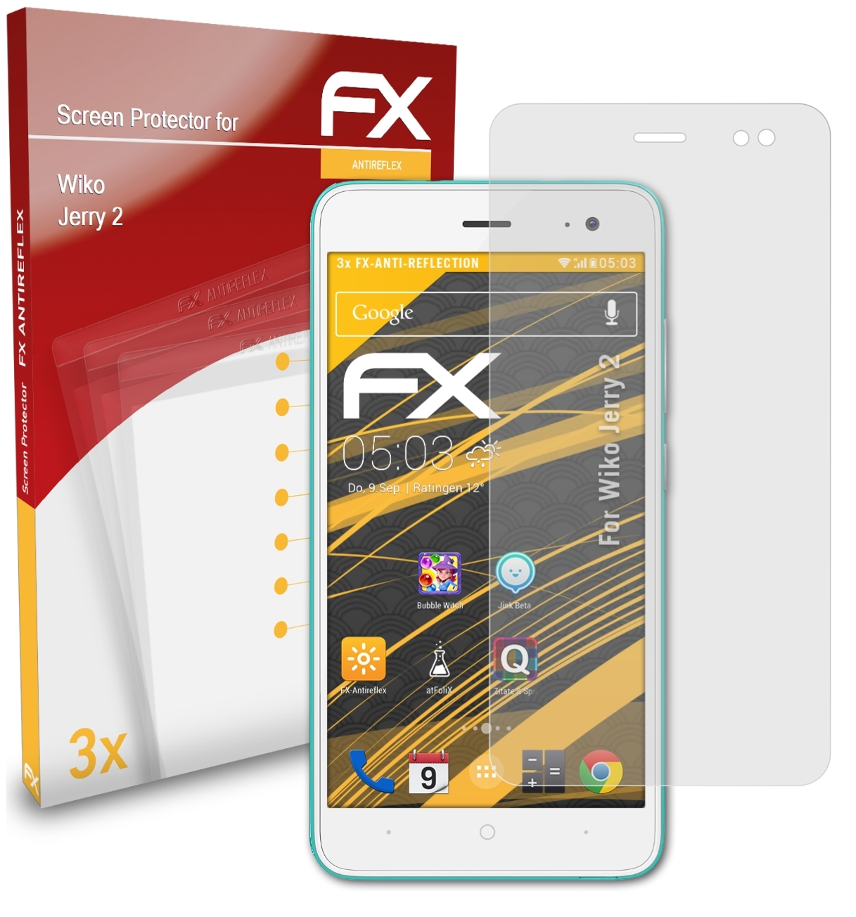 3x Displayschutz(für ATFOLIX 2) Wiko FX-Antireflex Jerry