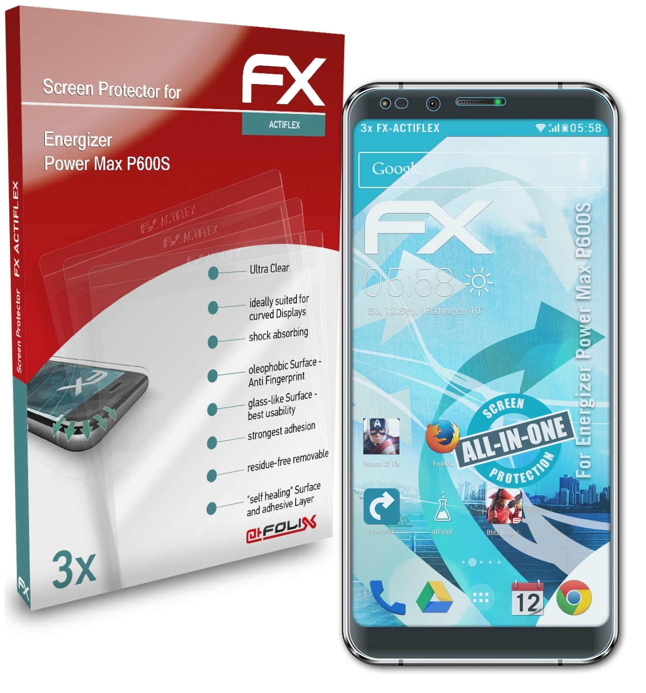 ATFOLIX 3x Displayschutz(für Power P600S) FX-ActiFleX Energizer Max