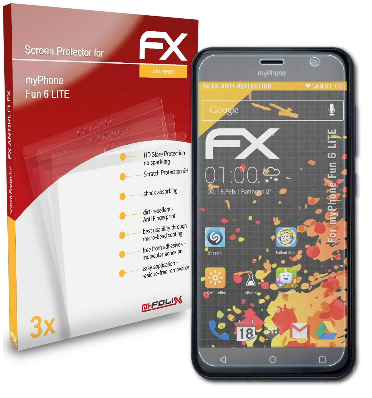 ATFOLIX 3x FX-Antireflex Displayschutz(für myPhone Fun 6 LITE)