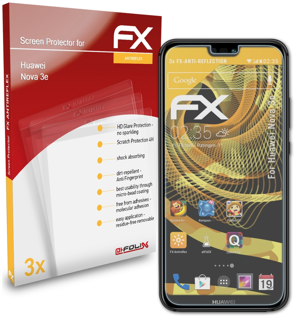 ATFOLIX 3x Huawei Nova Displayschutz(für 3e) FX-Antireflex