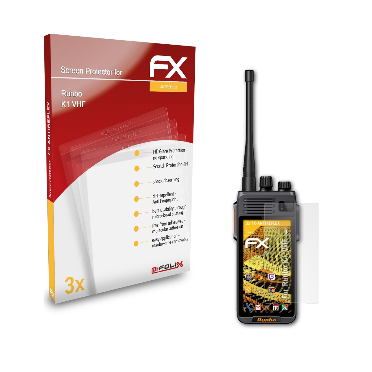 ATFOLIX 3x Runbo FX-Antireflex VHF) Displayschutz(für K1