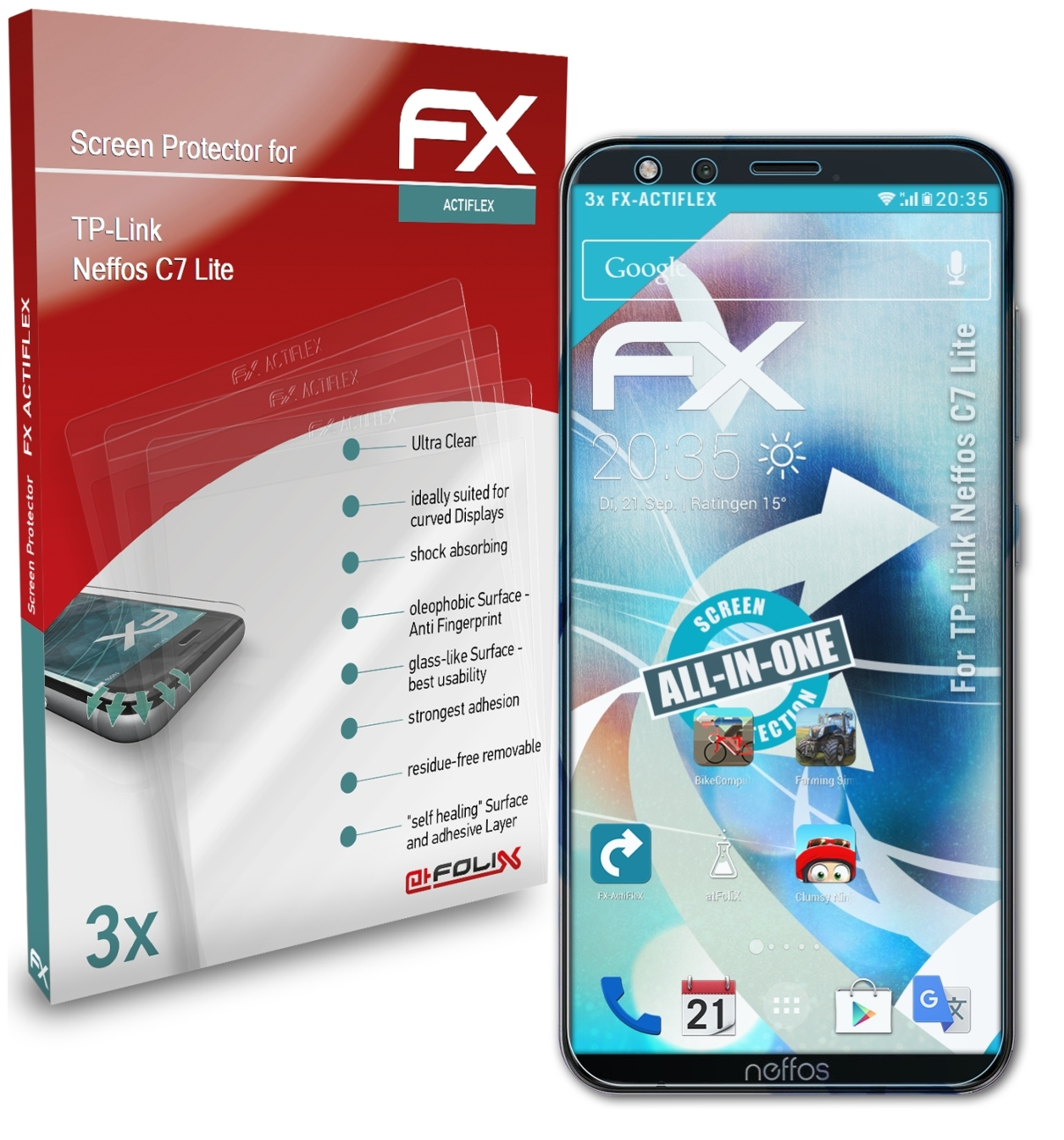 Neffos FX-ActiFleX TP-Link Lite) ATFOLIX 3x Displayschutz(für C7