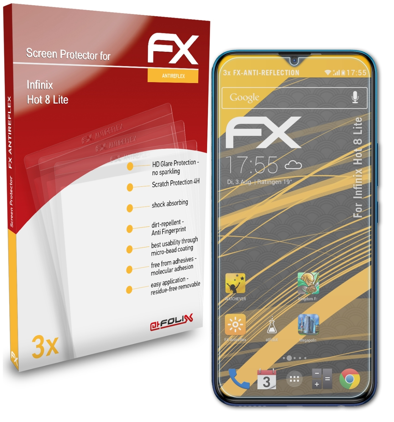 3x 8 Displayschutz(für FX-Antireflex Hot Infinix Lite) ATFOLIX
