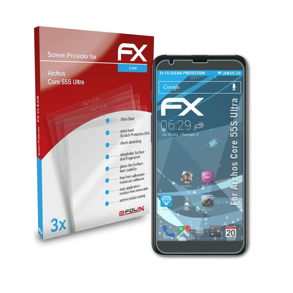 ATFOLIX 3x Core 55S Archos FX-Clear Displayschutz(für Ultra)