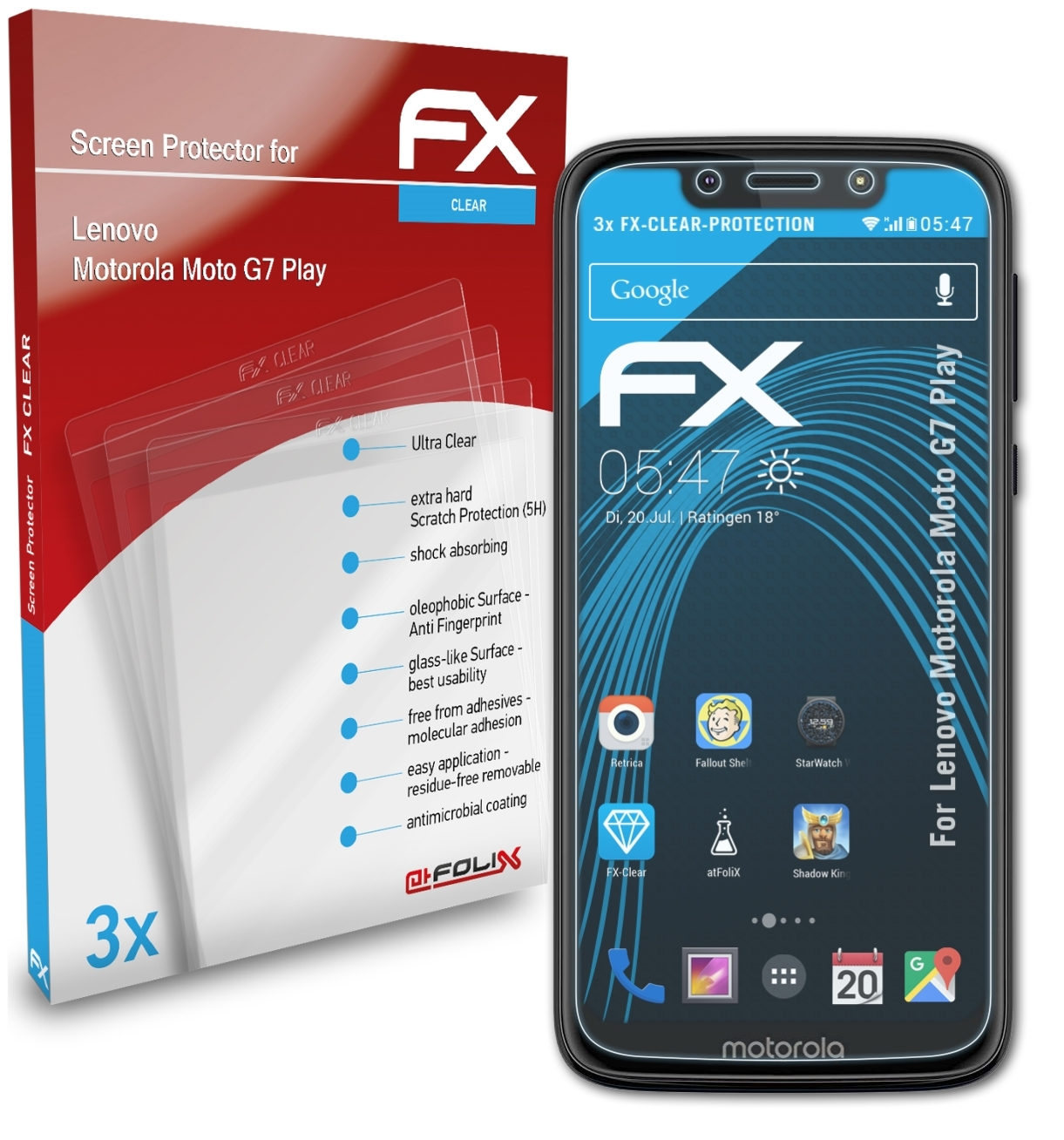 ATFOLIX 3x FX-Clear Displayschutz(für Lenovo Play) Motorola Moto G7