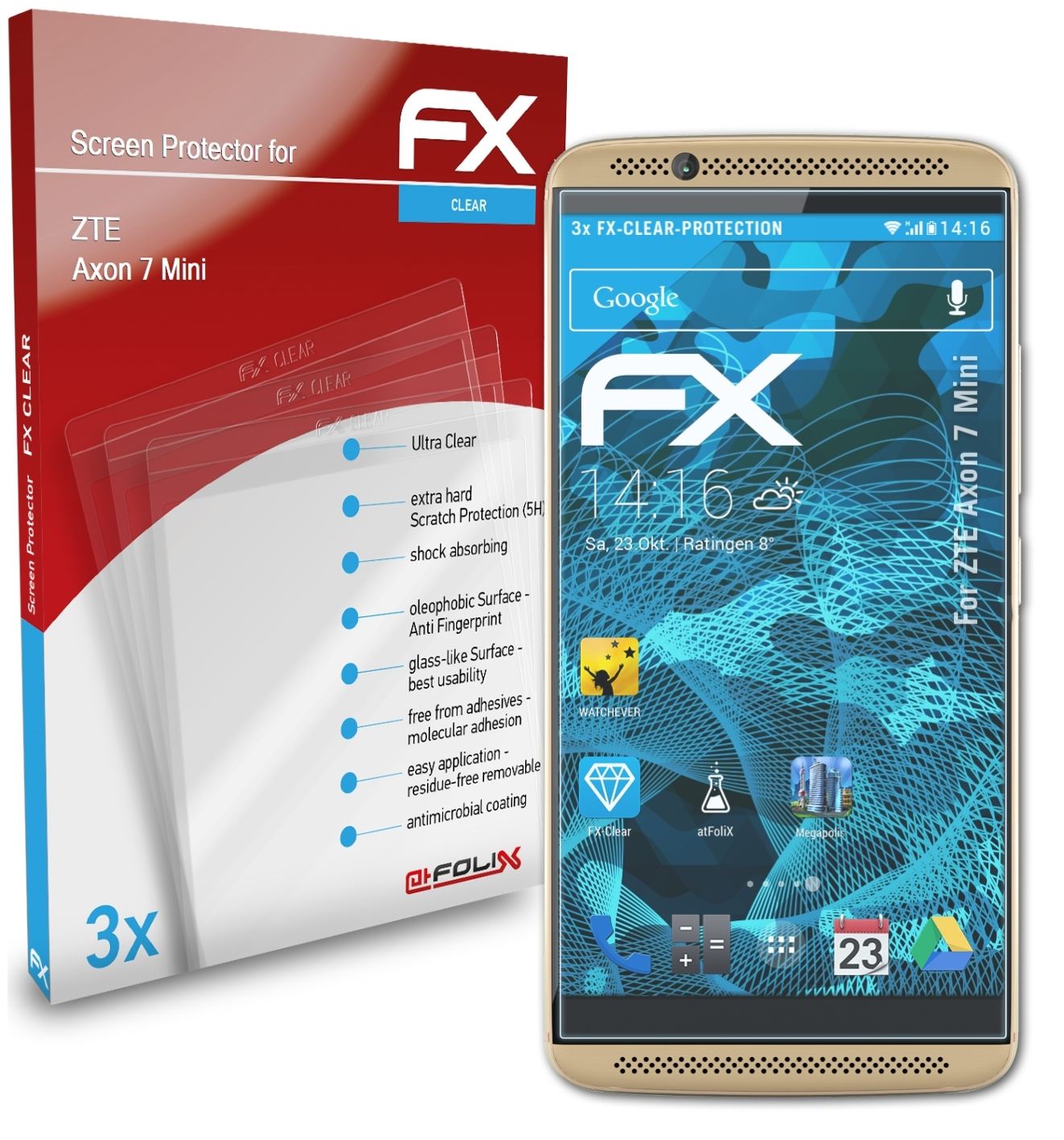 ATFOLIX 3x Displayschutz(für ZTE Mini) Axon 7 FX-Clear
