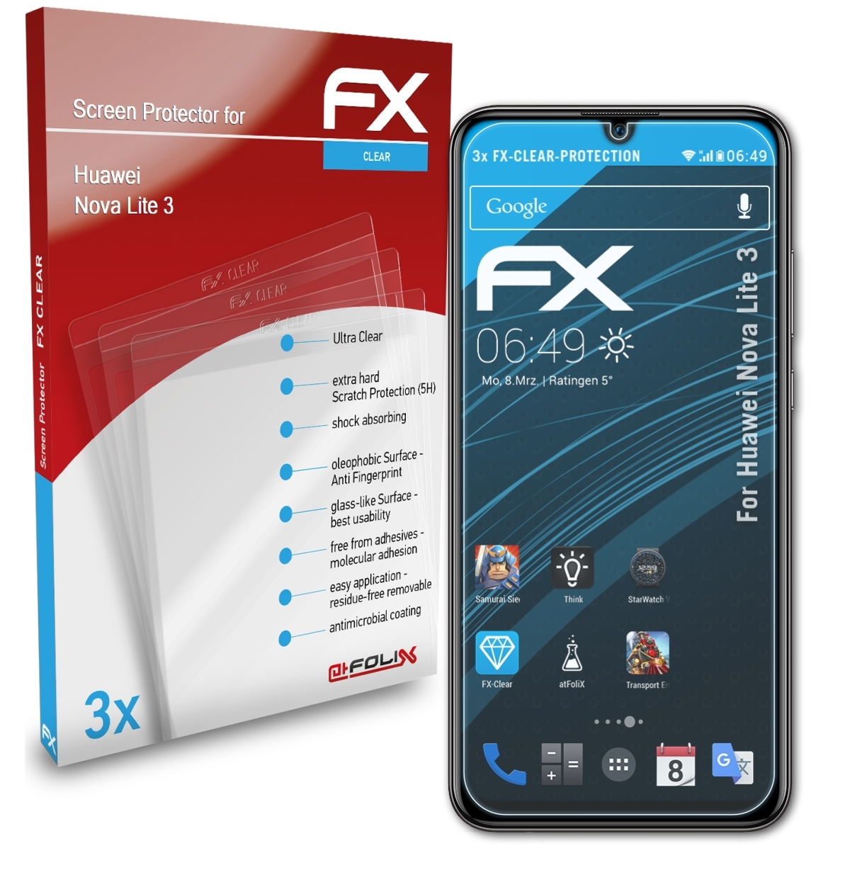 ATFOLIX 3x 3) FX-Clear Nova Displayschutz(für Huawei Lite