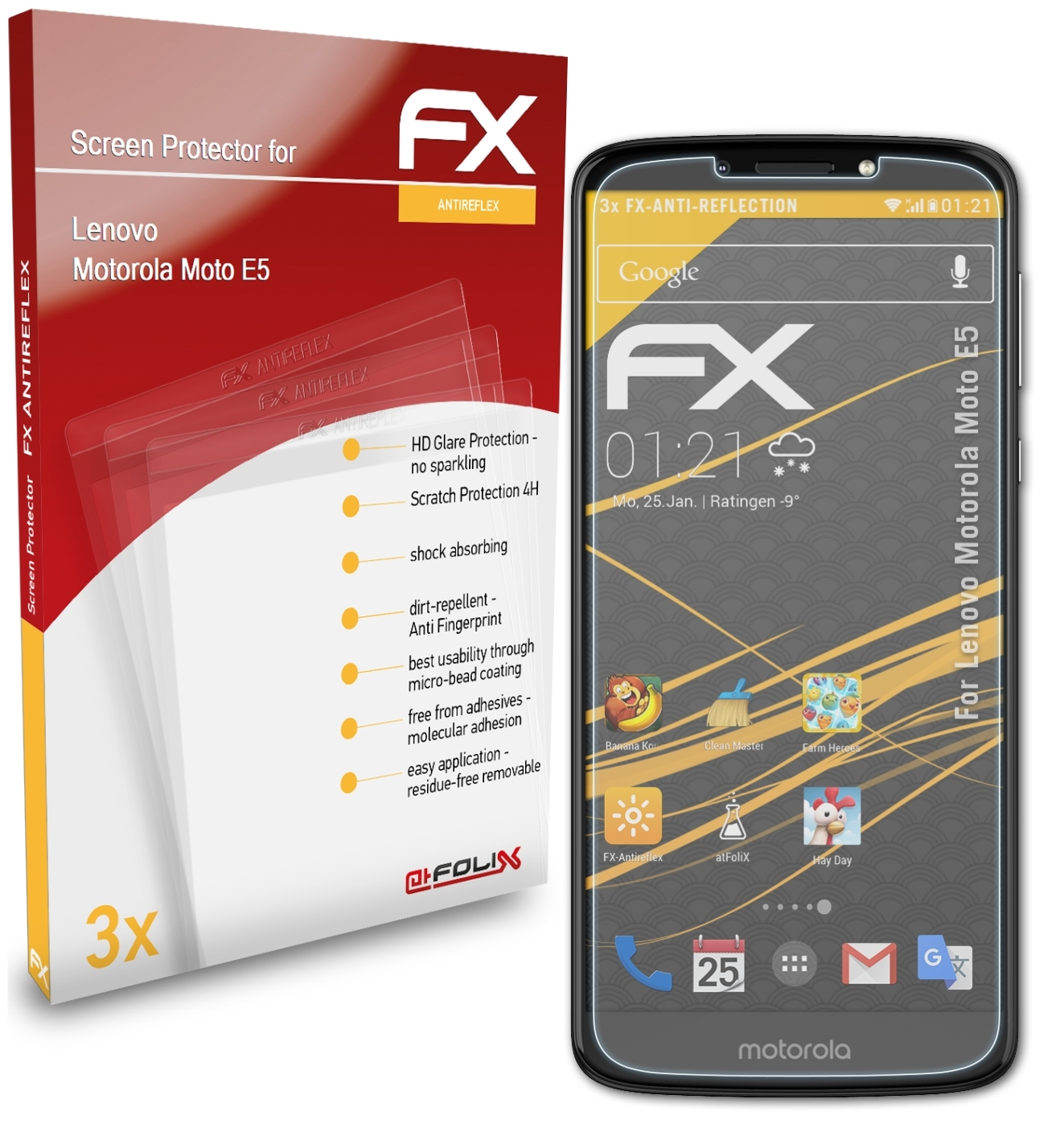 Lenovo 3x FX-Antireflex ATFOLIX Motorola Displayschutz(für E5) Moto
