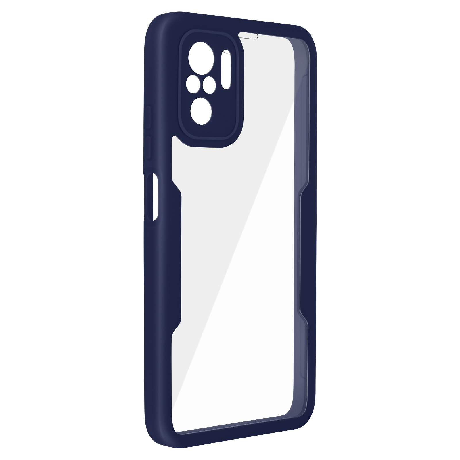 Una custodia blu navy per telefono con retro trasparente e ritaglio per la fotocamera.
