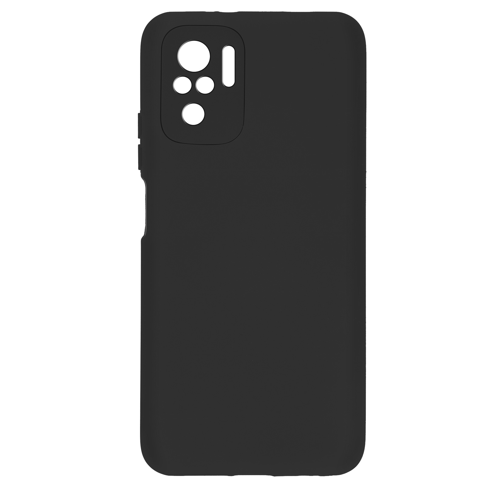 Custodia nera per telefono con ritagli per fotocamera. È una cover posteriore liscia.
