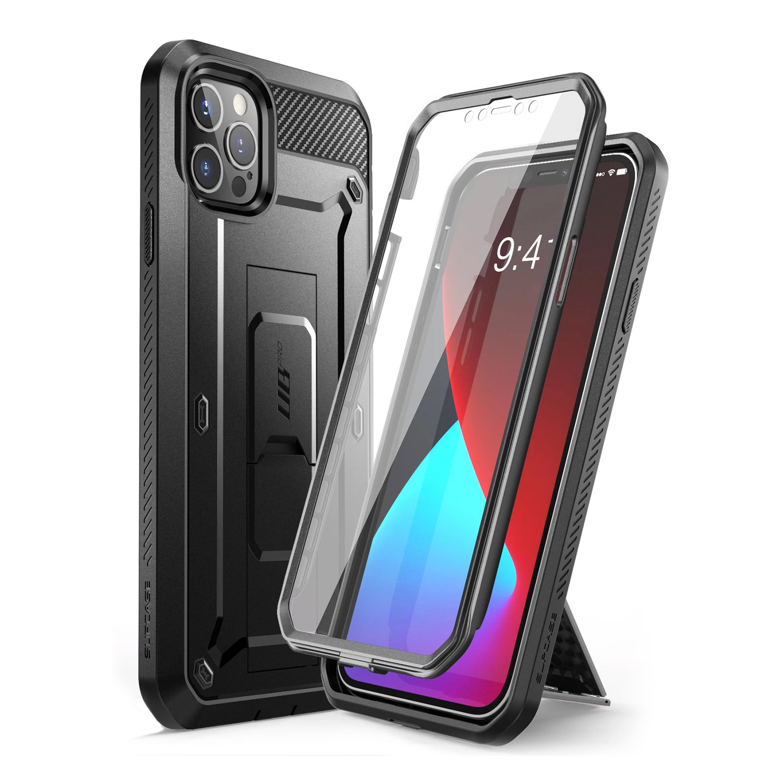 Custodia per telefono nera con protezione schermo trasparente e iPhone nero. Sfondo bianco.