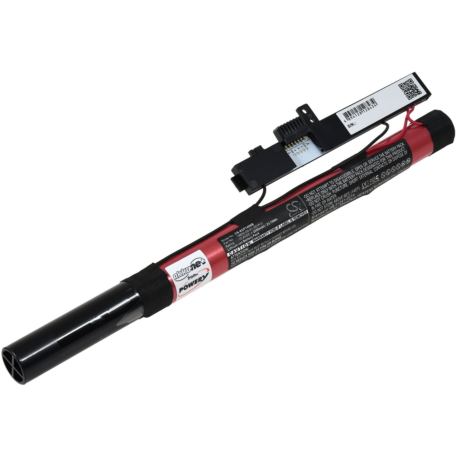 Rote und schwarze zylindrische Batterie mit schwarzem Stecker und weißem Etikett auf Weiß.