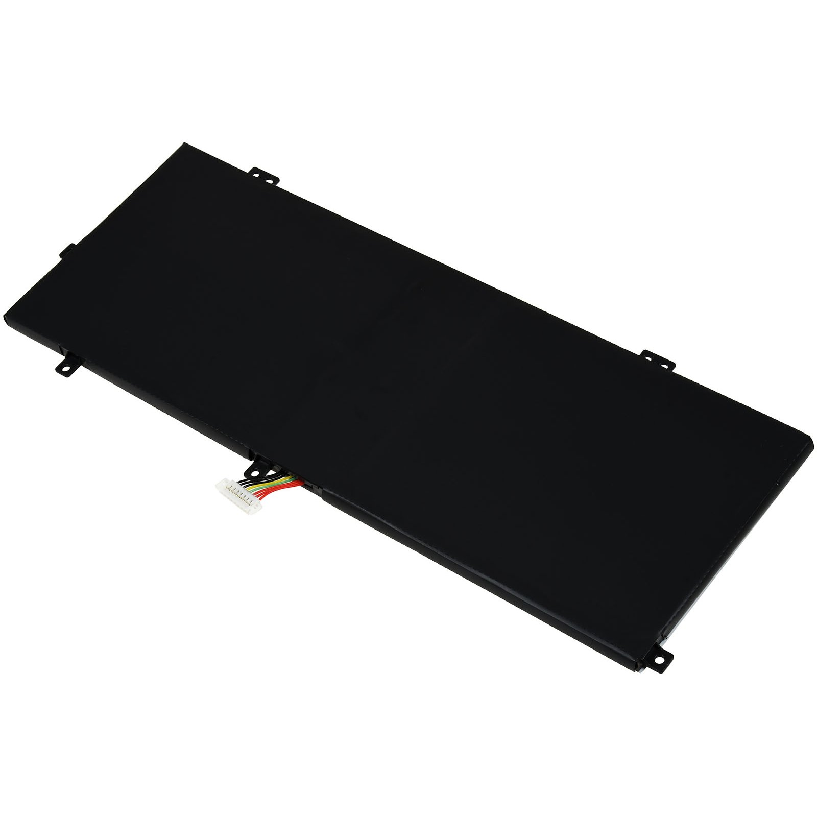 Ein schwarzes Akkupack. Das Pack ist rechteckig, mit einem Stecker und Befestigungspunkten.