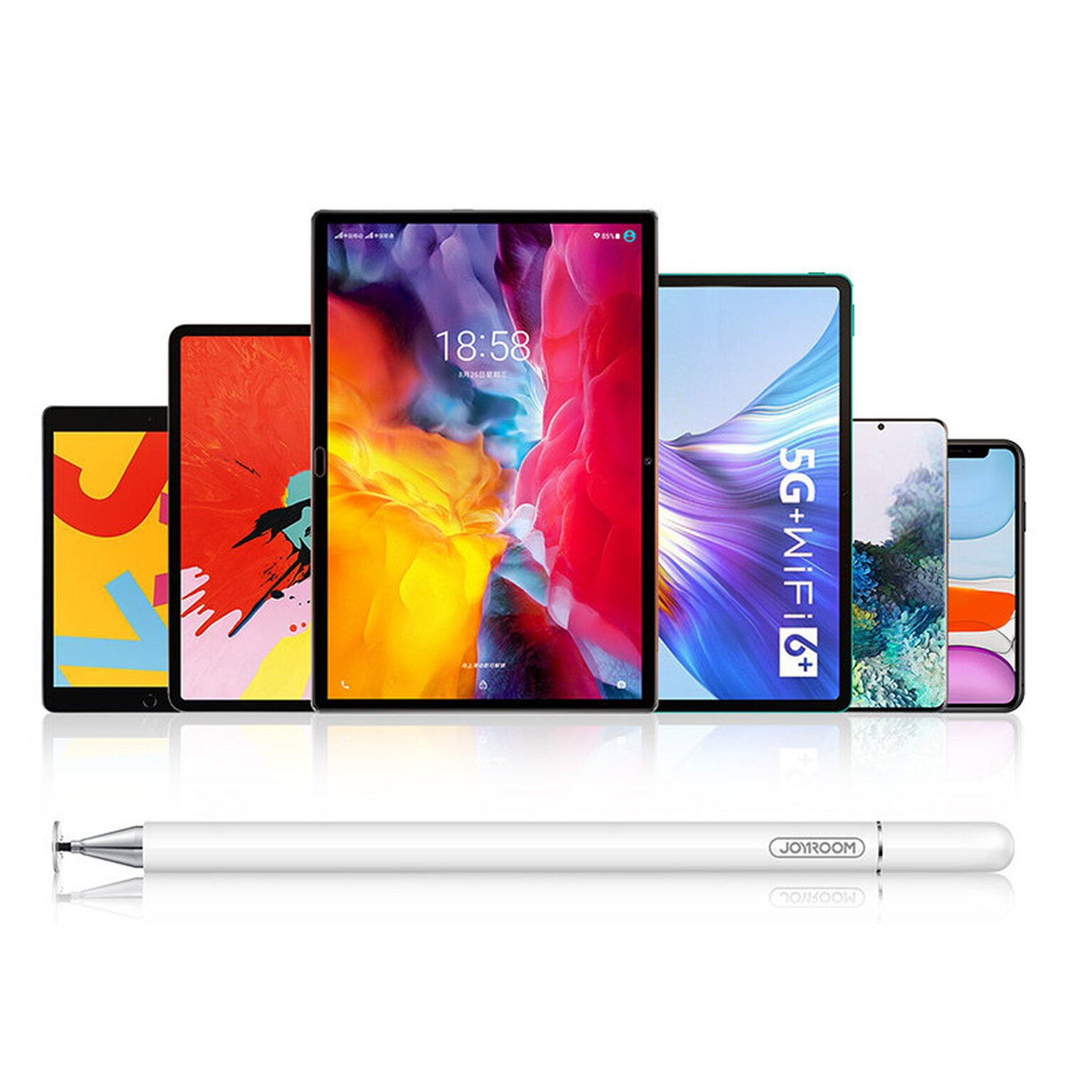 Tablets und ein Stift werden angezeigt. Die Tablets haben verschiedene Bildschirmanzeigen und Farben.