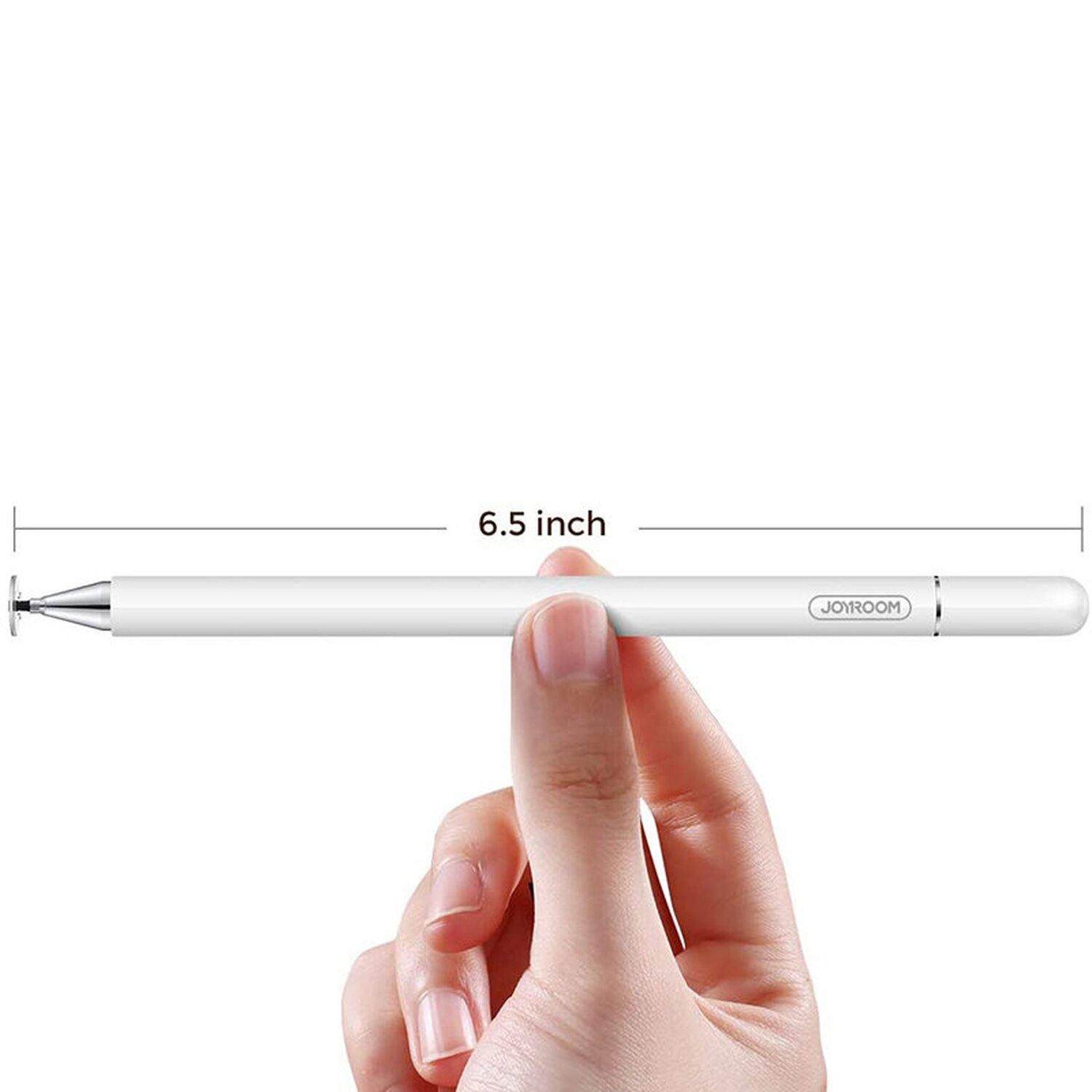 Weißer Stylus-Stift, der von einer Hand gehalten wird. Der Text auf dem Stift lautet JOYROOM. Messung ist 6,5 Zoll.