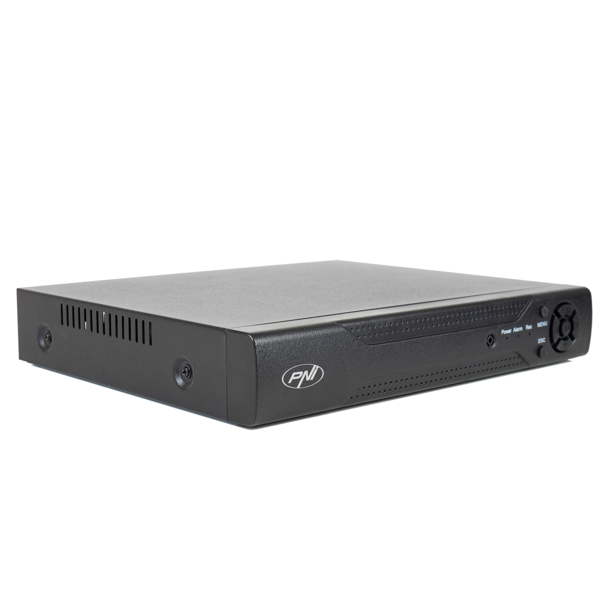 Schwarzer PNI Sicherheits-DVR, mit Knöpfen und PNI-Logo. Weißer Hintergrund.