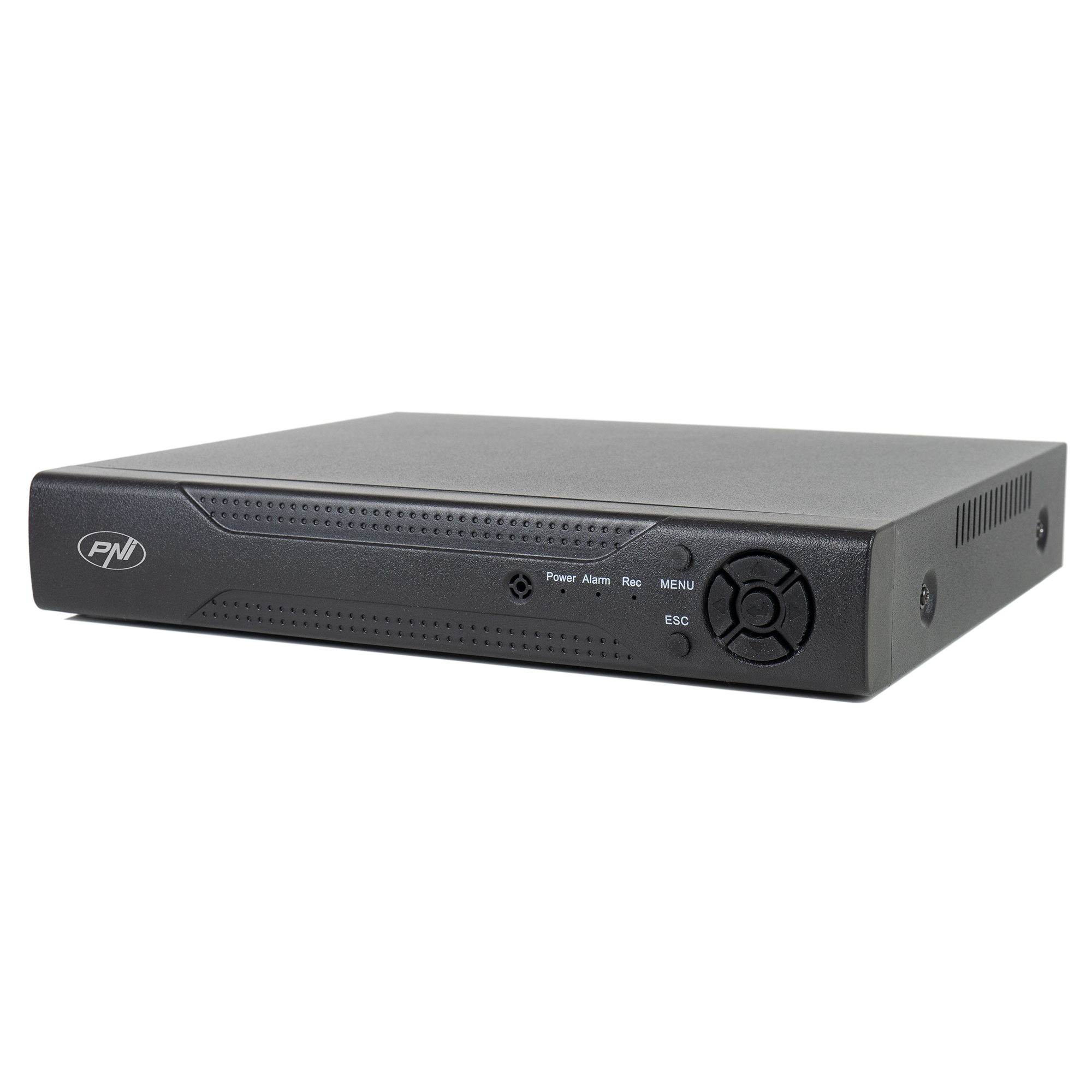 Schwarzes DVR-Gerät mit Knöpfen und Anschlüssen. Das Gerät steht auf weißem Untergrund, mit Logo.