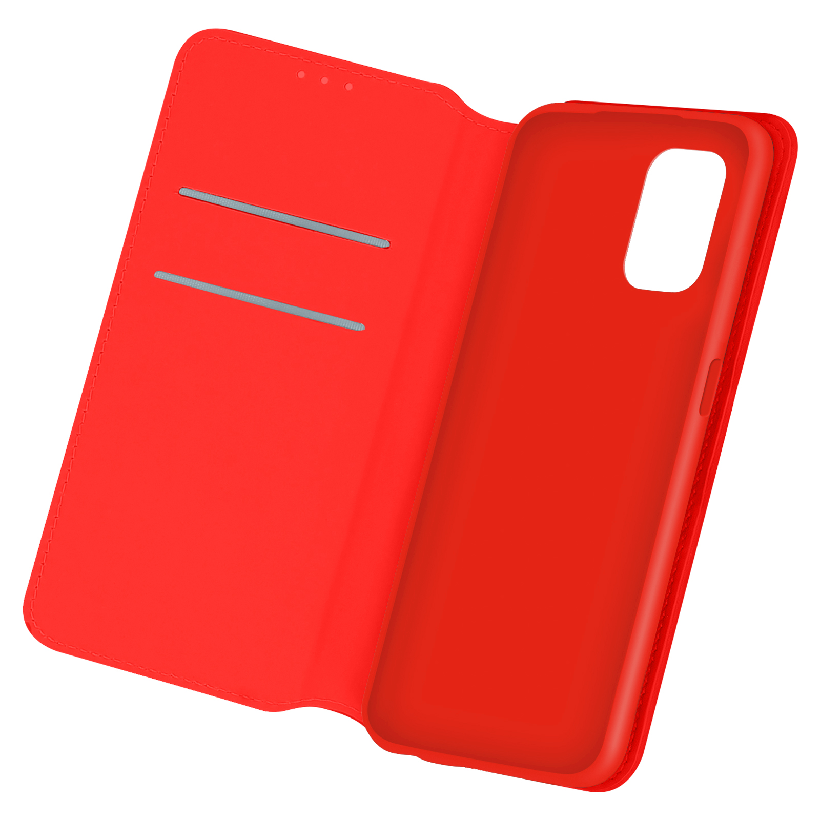 Custodia rossa per telefono, aperta. L'interno ha fessure. Forma del telefono visibile.
