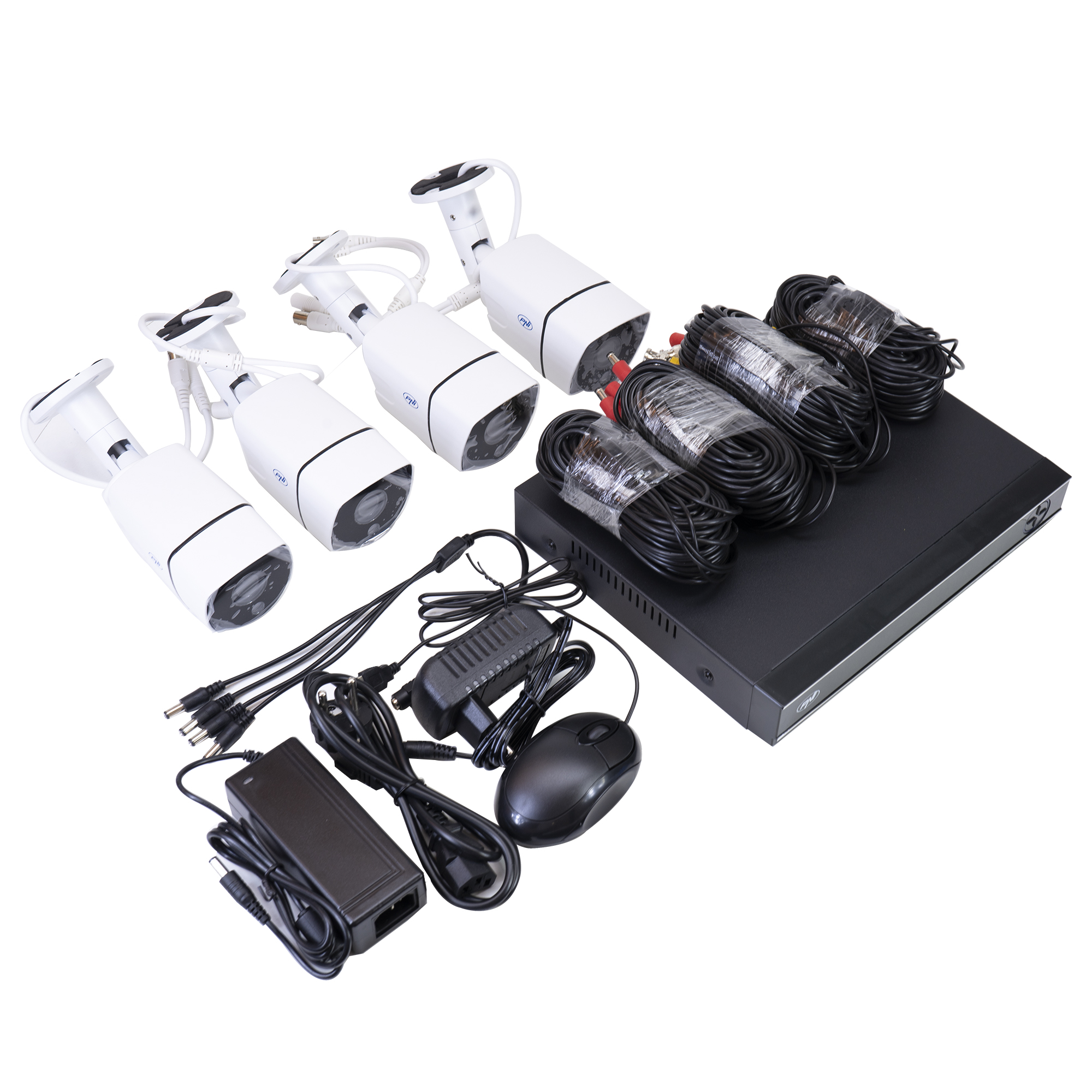 Überwachungskamera-Set mit Kameras, Kabeln und einem DVR.