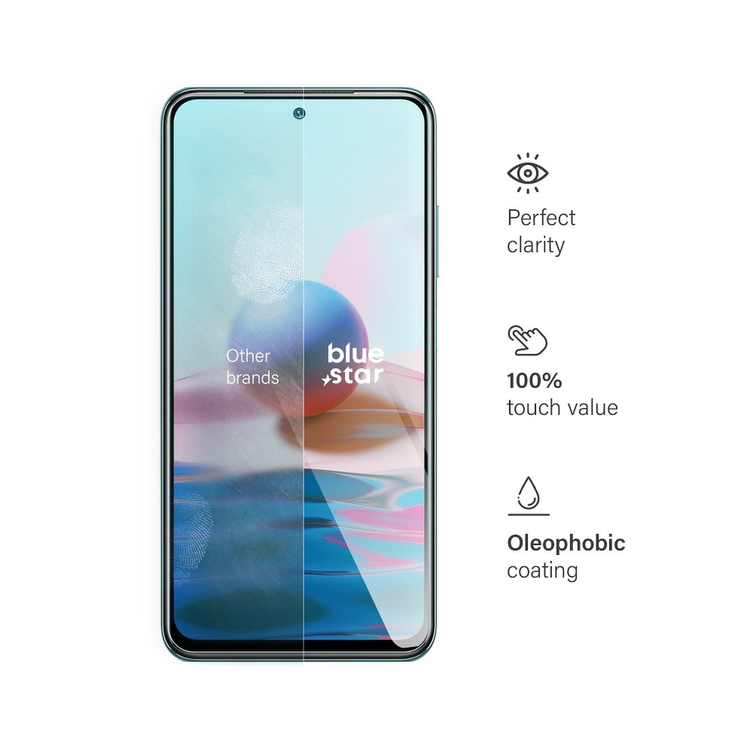 Smartphone-Bildschirm mit aufgebrachter Displayschutzfolie und Symbolen für Klarheit und Touch.