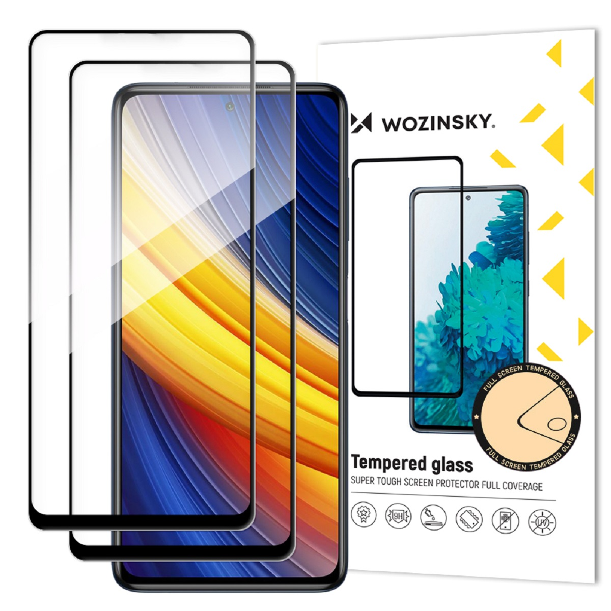 Panzerglas-Displayschutzfolien mit Telefon und Verpackung. Weißer Hintergrund.