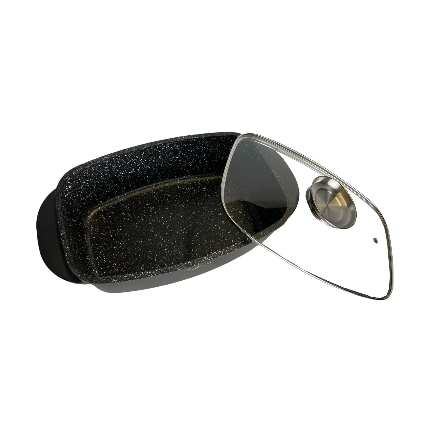 Schwarze Kochpfanne mit Deckel. Die Pfanne ist oval, und der Deckel ist transparent mit einem Edelstahlgriff.