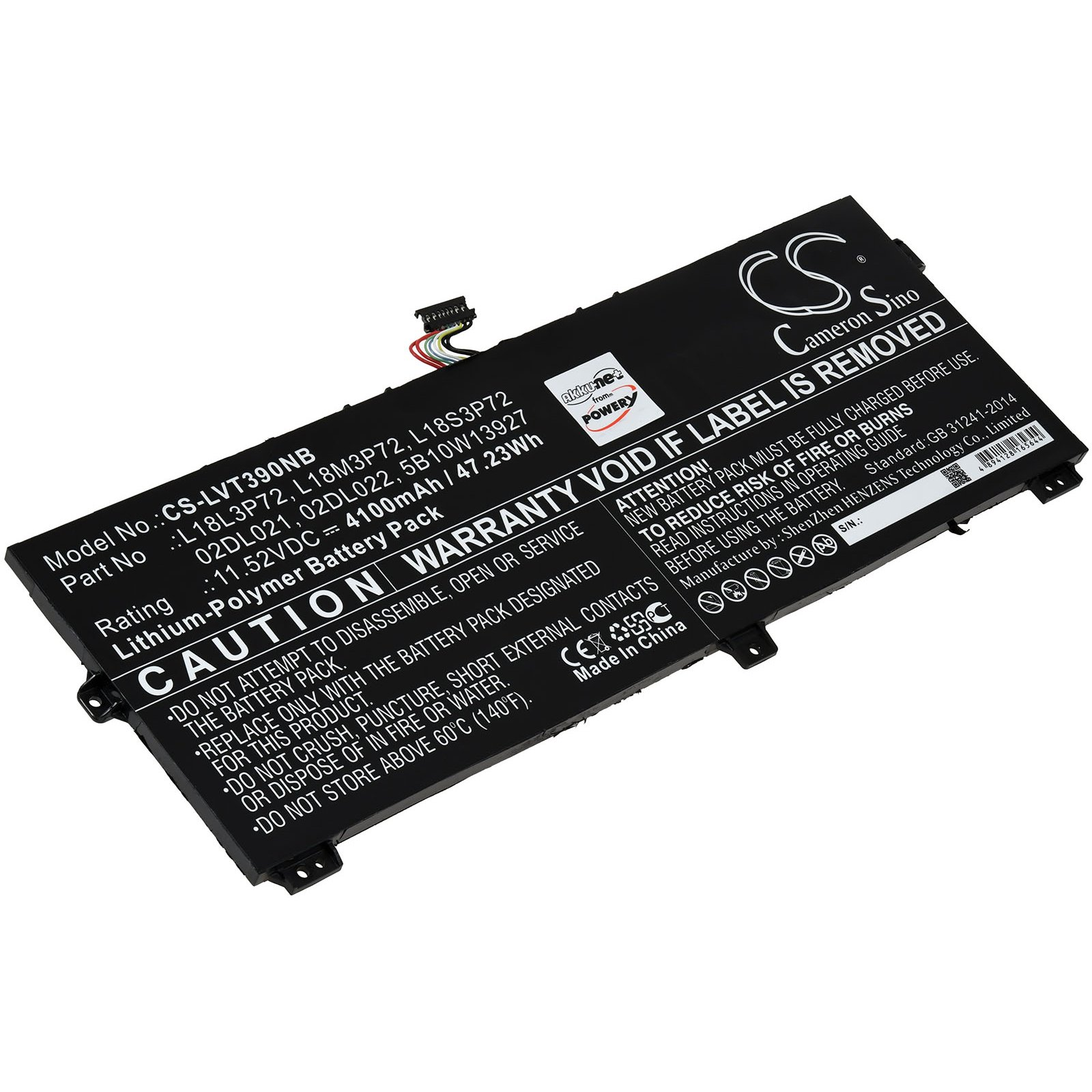 Ein Laptop-Akku mit Text, Warnungen und Vorsichtshinweisen. Er hat ein schwarz-silbernes Gehäuse.