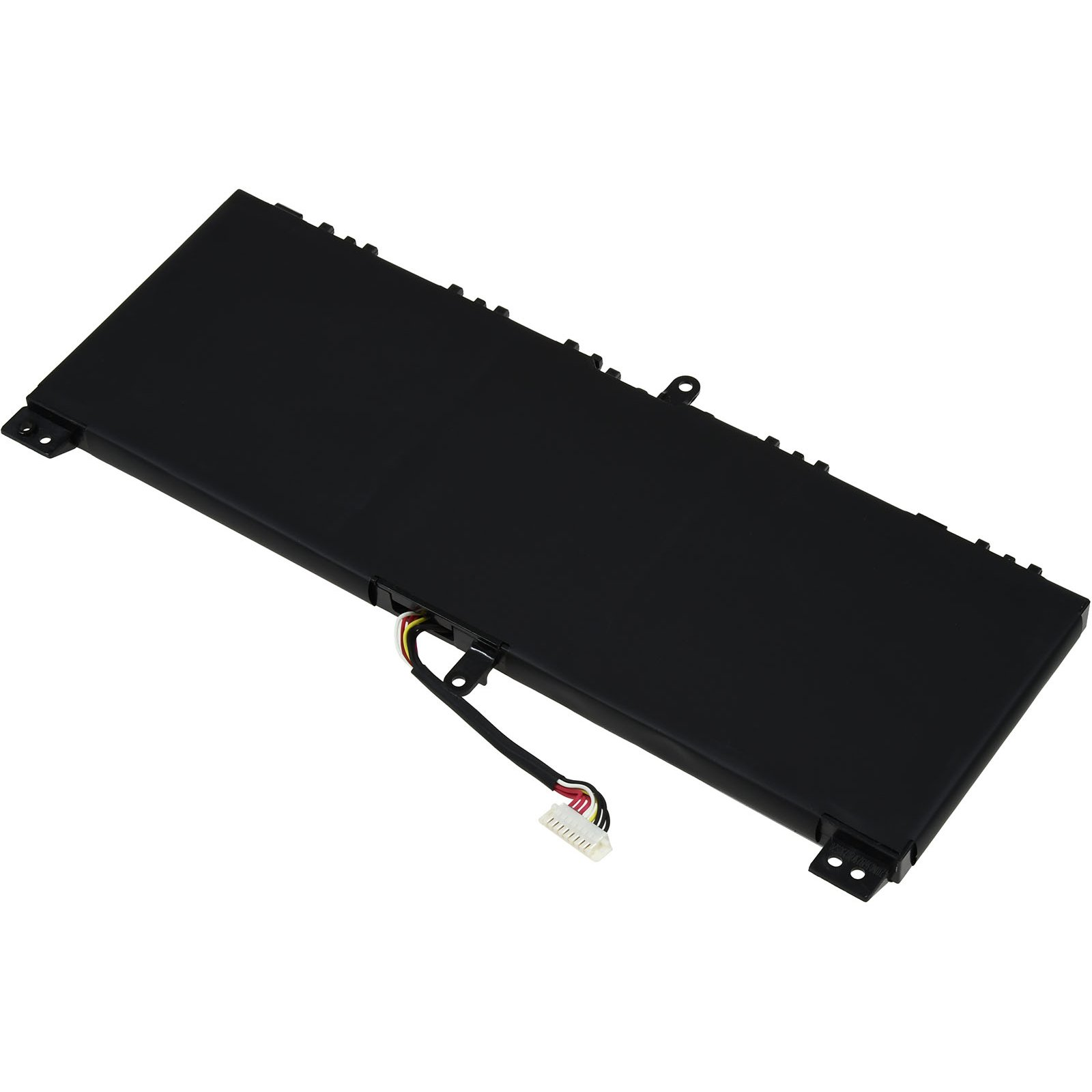 Schwarzer rechteckiger Laptop-Akku mit Kabel und Stecker, auf weißem Hintergrund platziert.