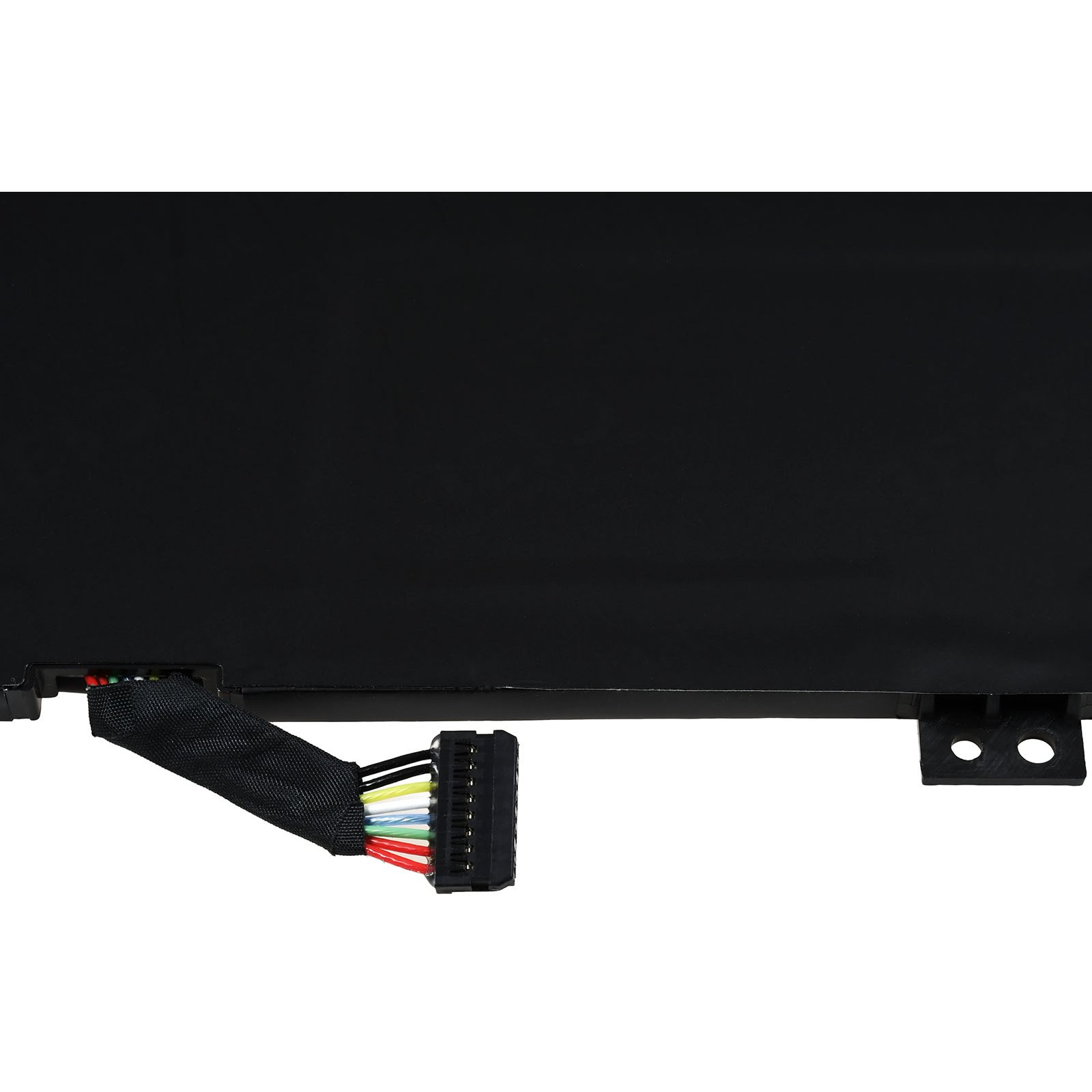 Schwarzer Laptop-Akku mit einem Anschluss. Der Akku hat ein schwarzes Äußeres und einen mehrfarbigen Stecker.