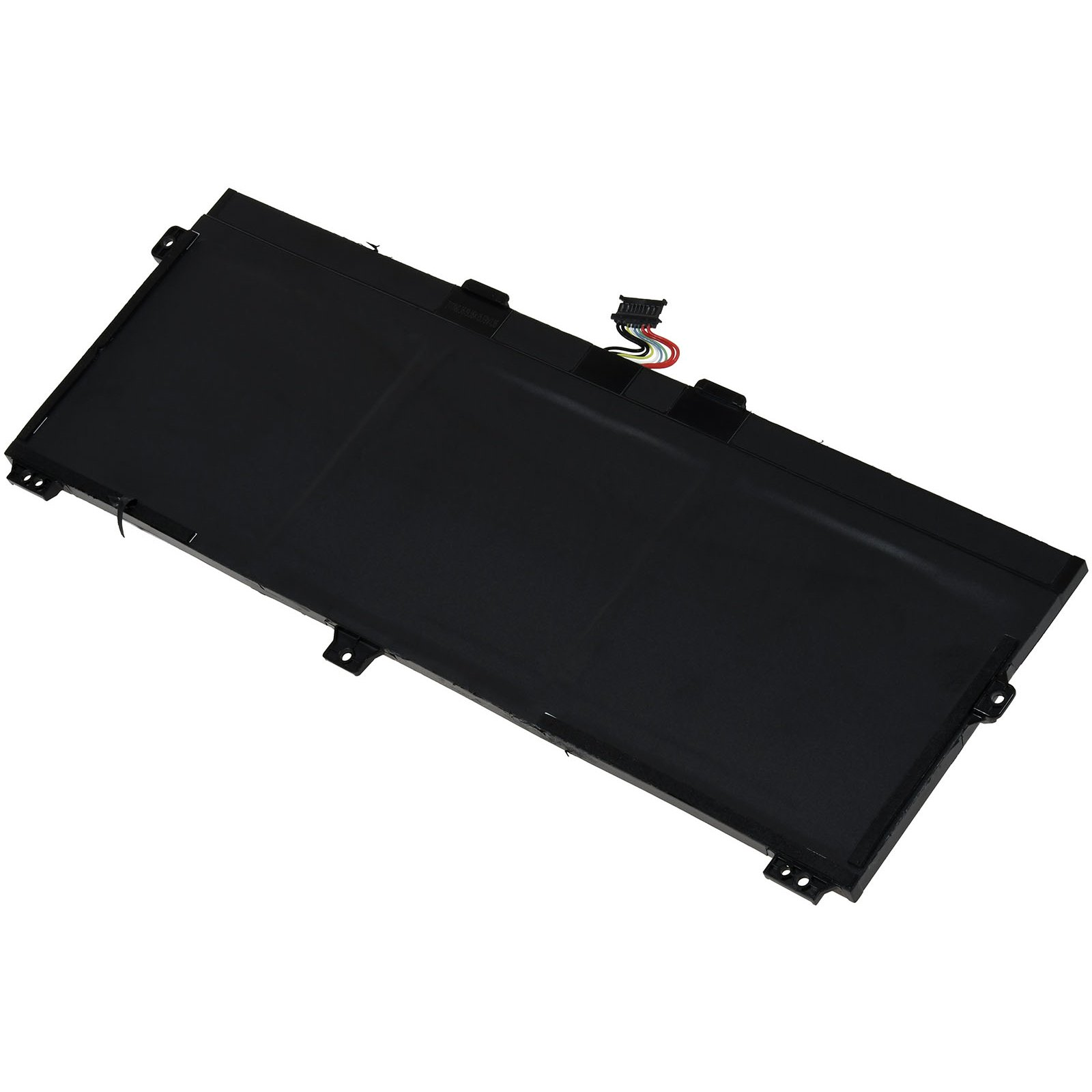 Ein schwarzes Akkupack. Das Pack ist rechteckig, hat einen Stecker und Befestigungspunkte.