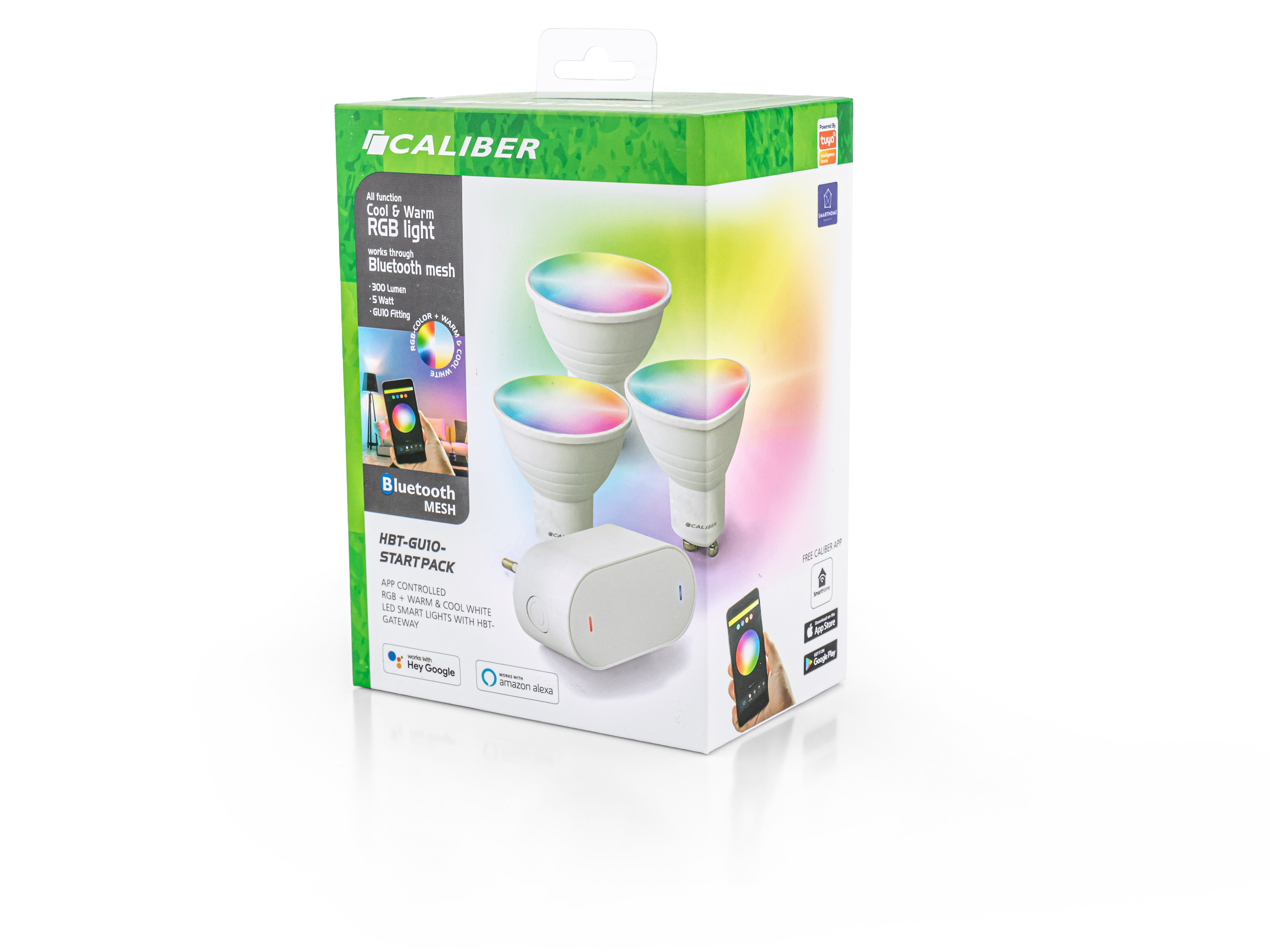 Weiße Box mit drei intelligenten LED-Glühbirnen und einem Hub. Bunter Hintergrund mit Symbolen.