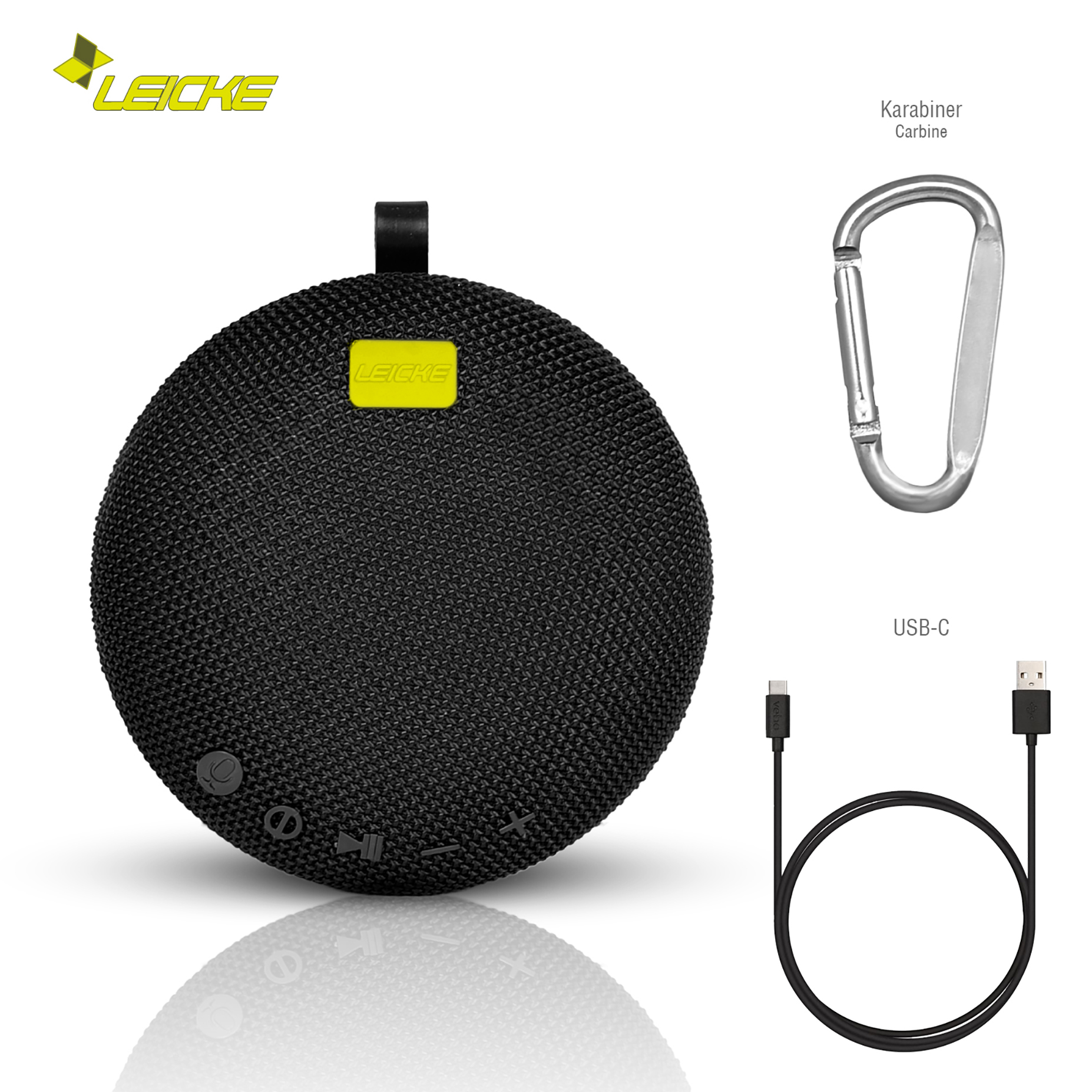 Schwarzer, runder Lautsprecher mit USB-C-Kabel und Karabiner. Leicke-Logo. Weißer Hintergrund.