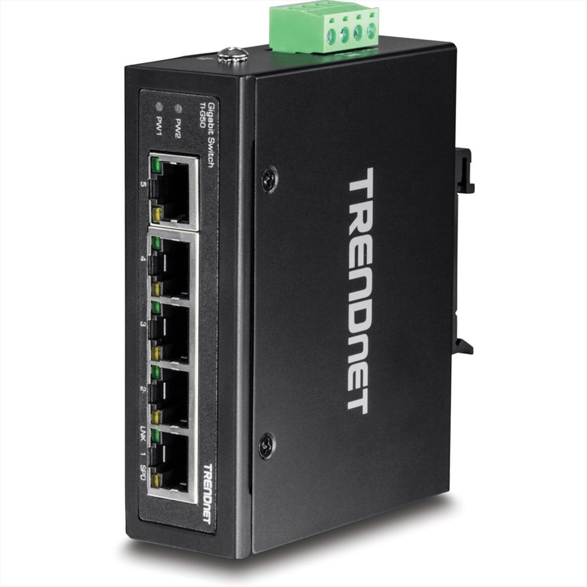 Schwarzer TRENDnet Gigabit-Switch mit fünf Anschlüssen und grünem Klemmenblock oben.