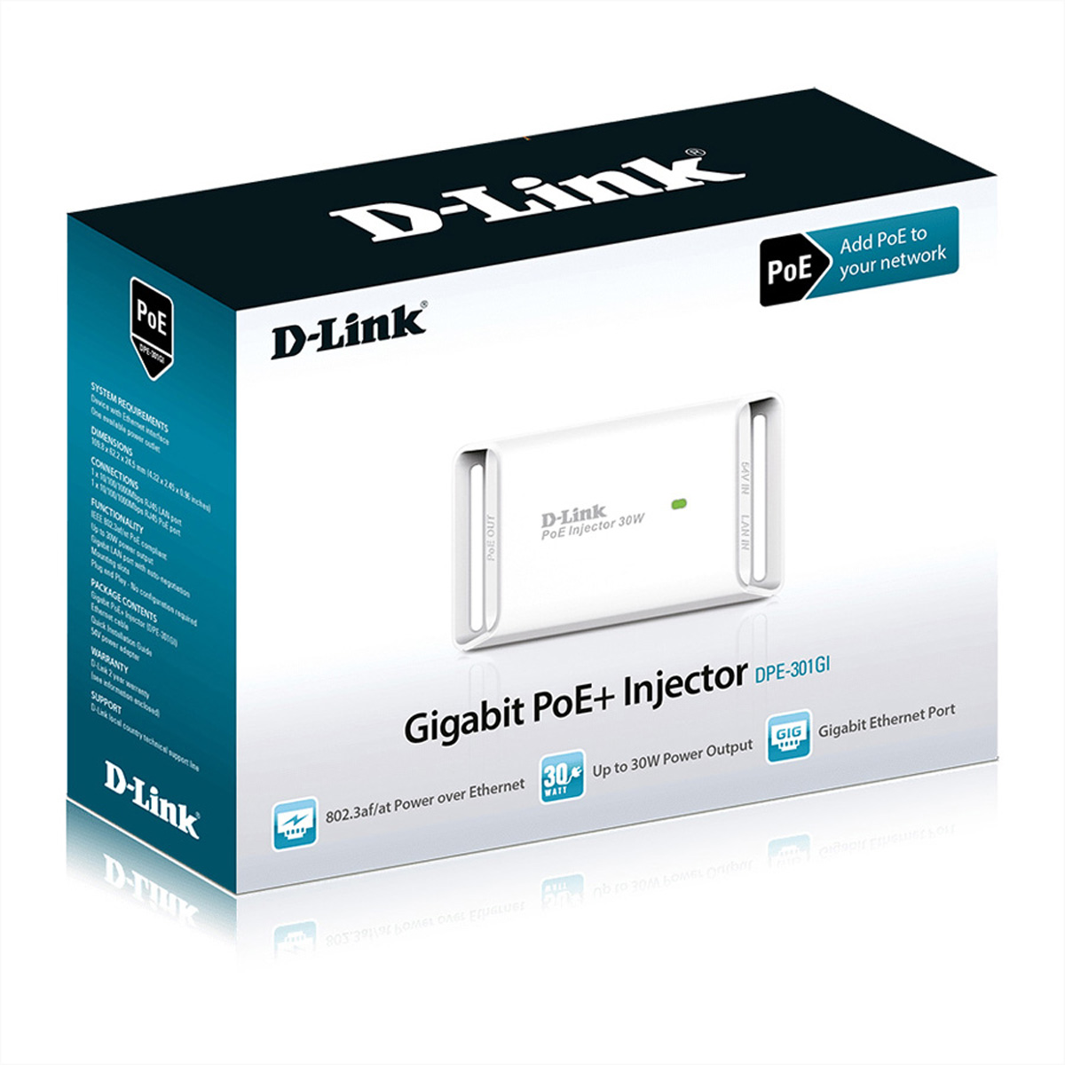 D-Link Gigabit PoE+ Injector Box, weißes Gerät. Text auf der Box: D-Link und PoE.