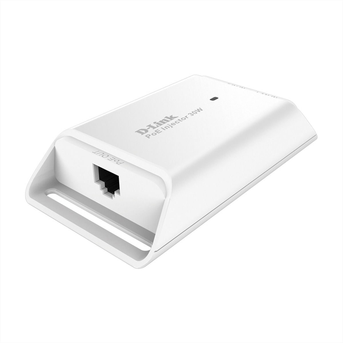 Ein weißer D-Link PoE-Injector, der einen Netzwerkanschluss und einen Stromanschluss zeigt, auf weißem Hintergrund.