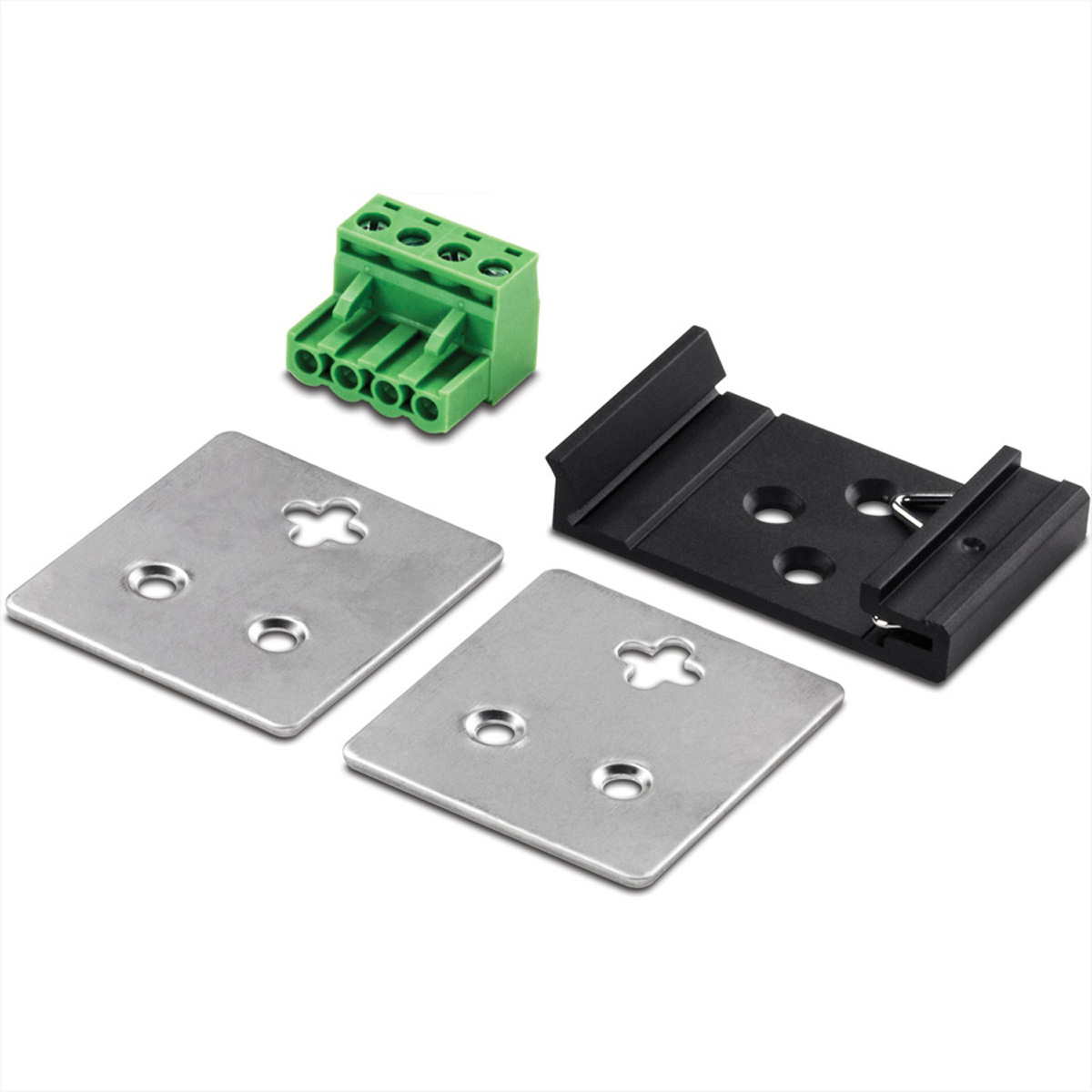 Hardwarekomponenten: ein grüner Block, zwei silberne Quadrate und ein schwarzes Teil.