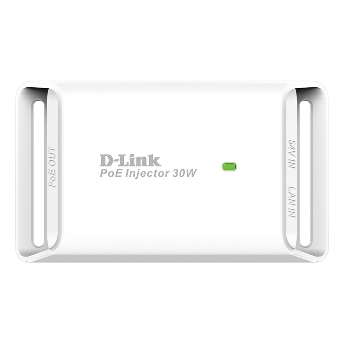Ein weißer PoE-Injektor mit D-Link-Branding und Anschlüssen mit der Bezeichnung PoE OUT und LAN IN.