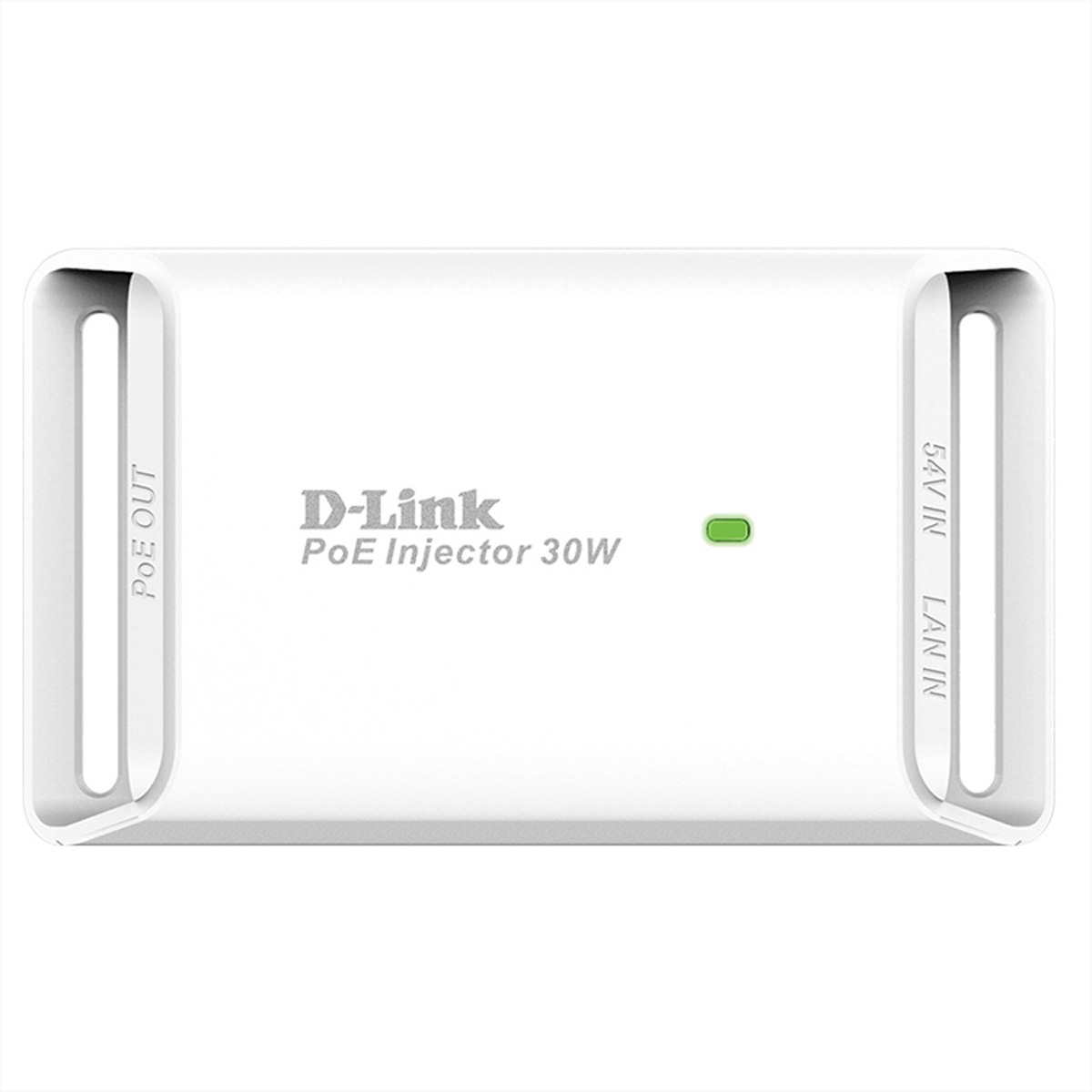 Weißer D-Link PoE-Injektor. Er hat LAN- und PoE OUT-Anschlüsse. Es hat ein grünes Licht.