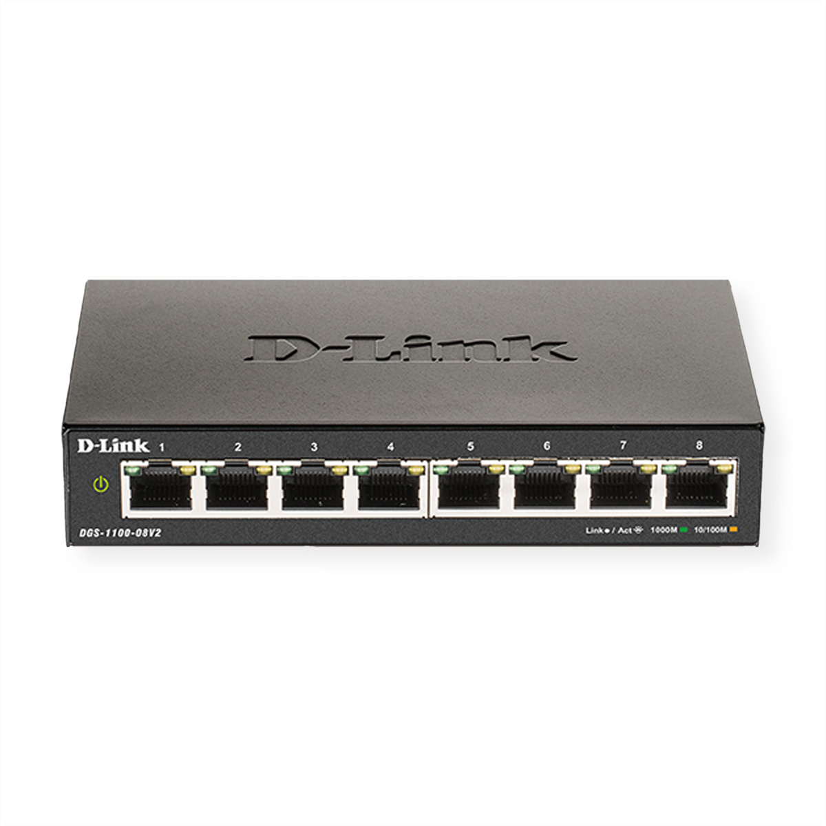 Switch D-Link con 8 porte, di colore nero. Ha diverse luci a LED.