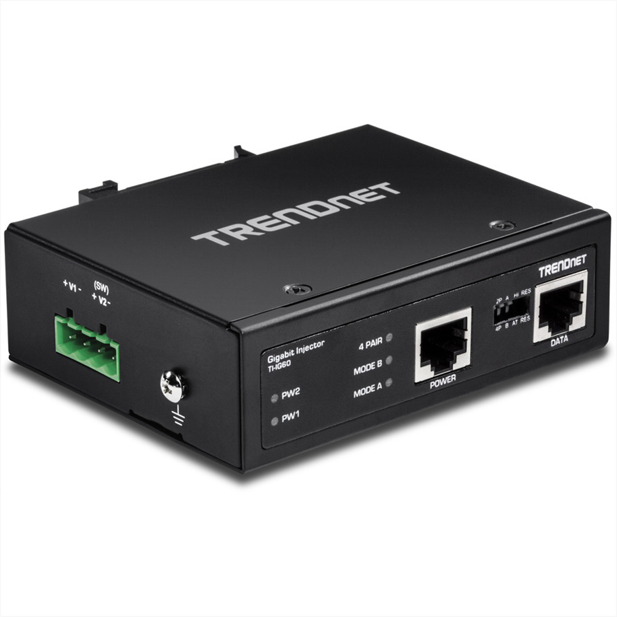 Schwarzer TRENDnet Gigabit-Injektor mit Anschlüssen und Stromanschlüssen. Zeigt das TRENDnet-Logo.