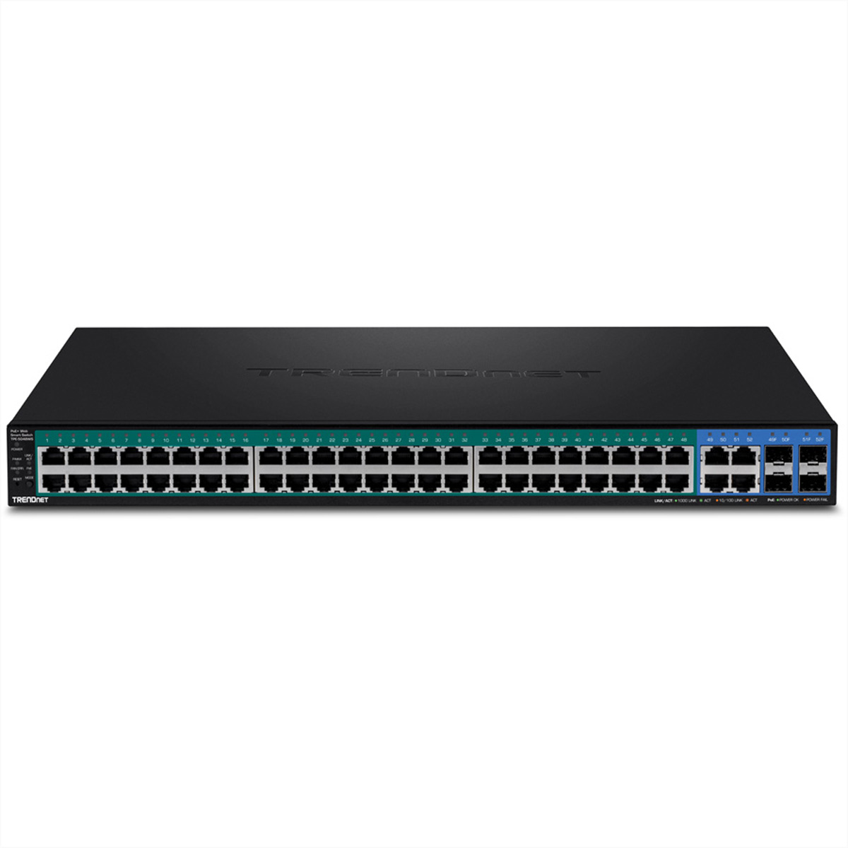 Schwarzer Netzwerk-Switch mit vielen Anschlüssen, weißer Hintergrund.